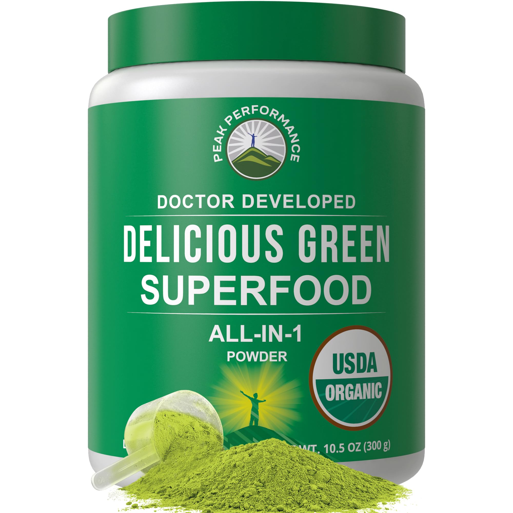 Peak Performance Organic Greens, polvo en frasco, energía sostenida para entrenos diarios.