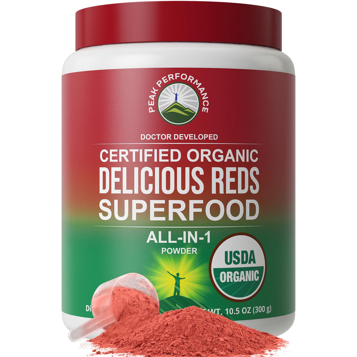 Peak Performance Organic Reds polvo frambuesa para energía y sabor intenso.