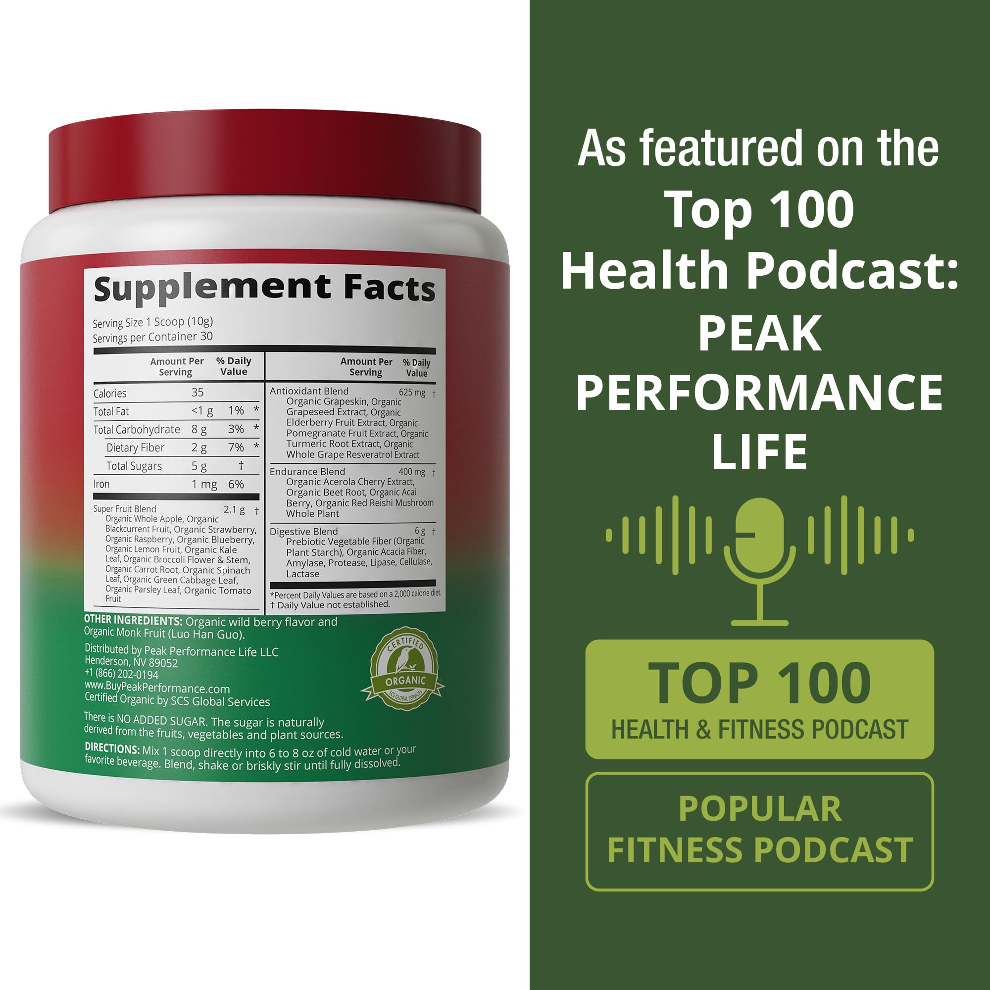 Peak Performance Organic Reds polvo perejil para beneficios vegetales.