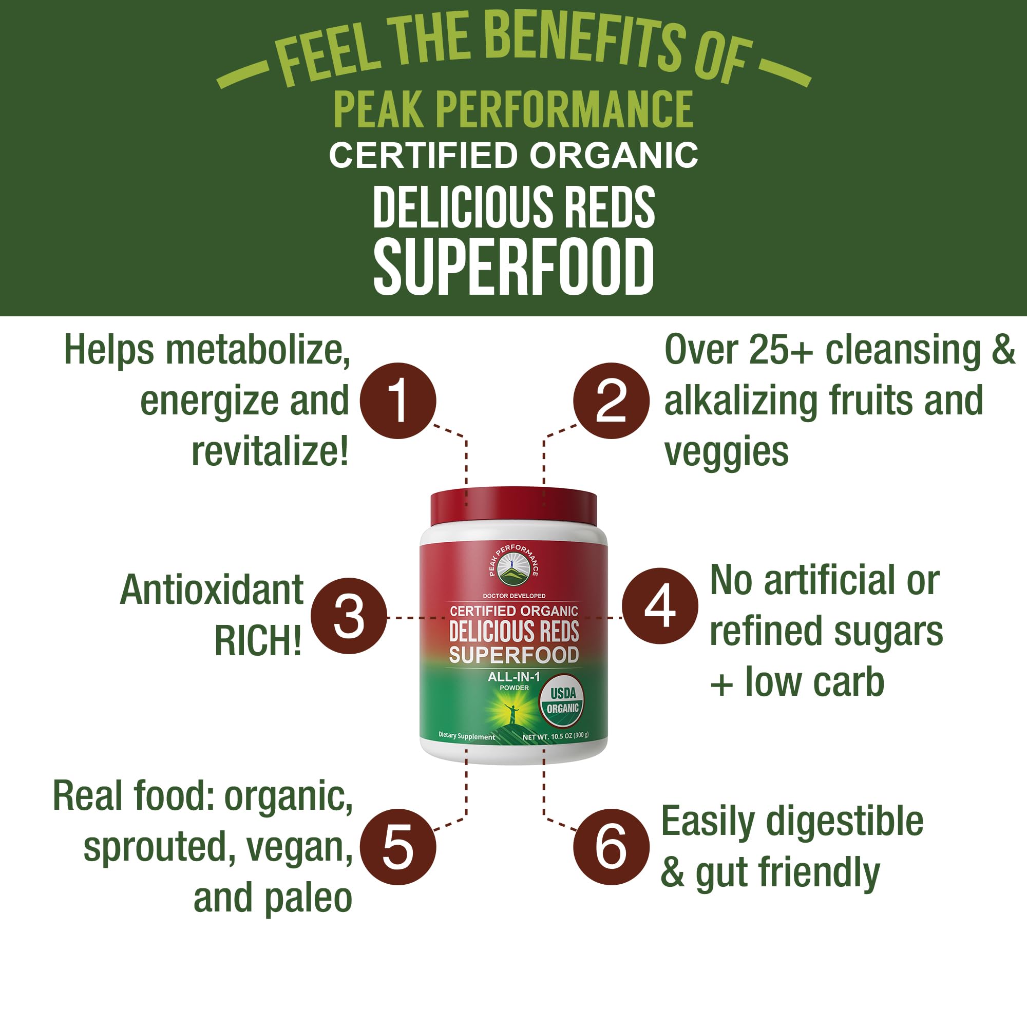 Peak Performance Organic Reds polvo sauco con antioxidantes naturales.
