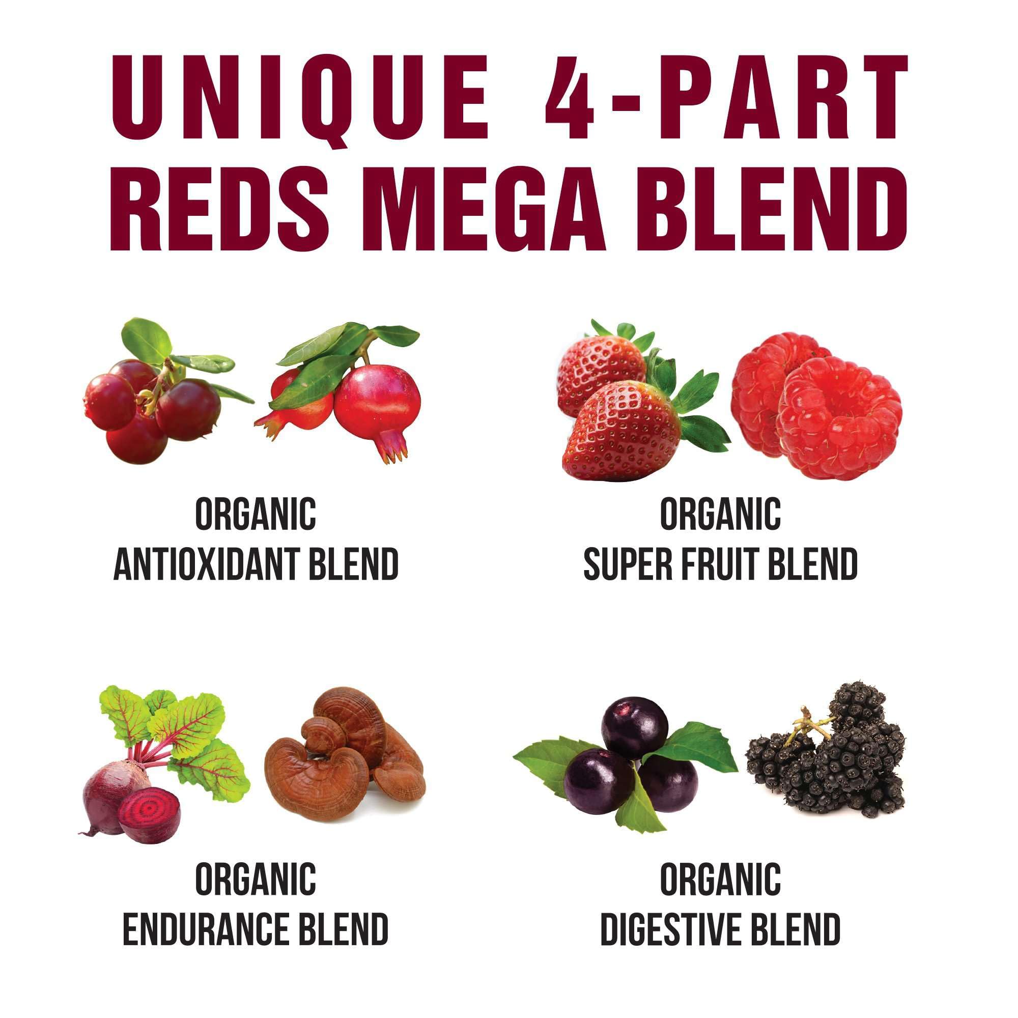 Peak Performance Organic Reds polvo tomate para perfil nutricional fresco.