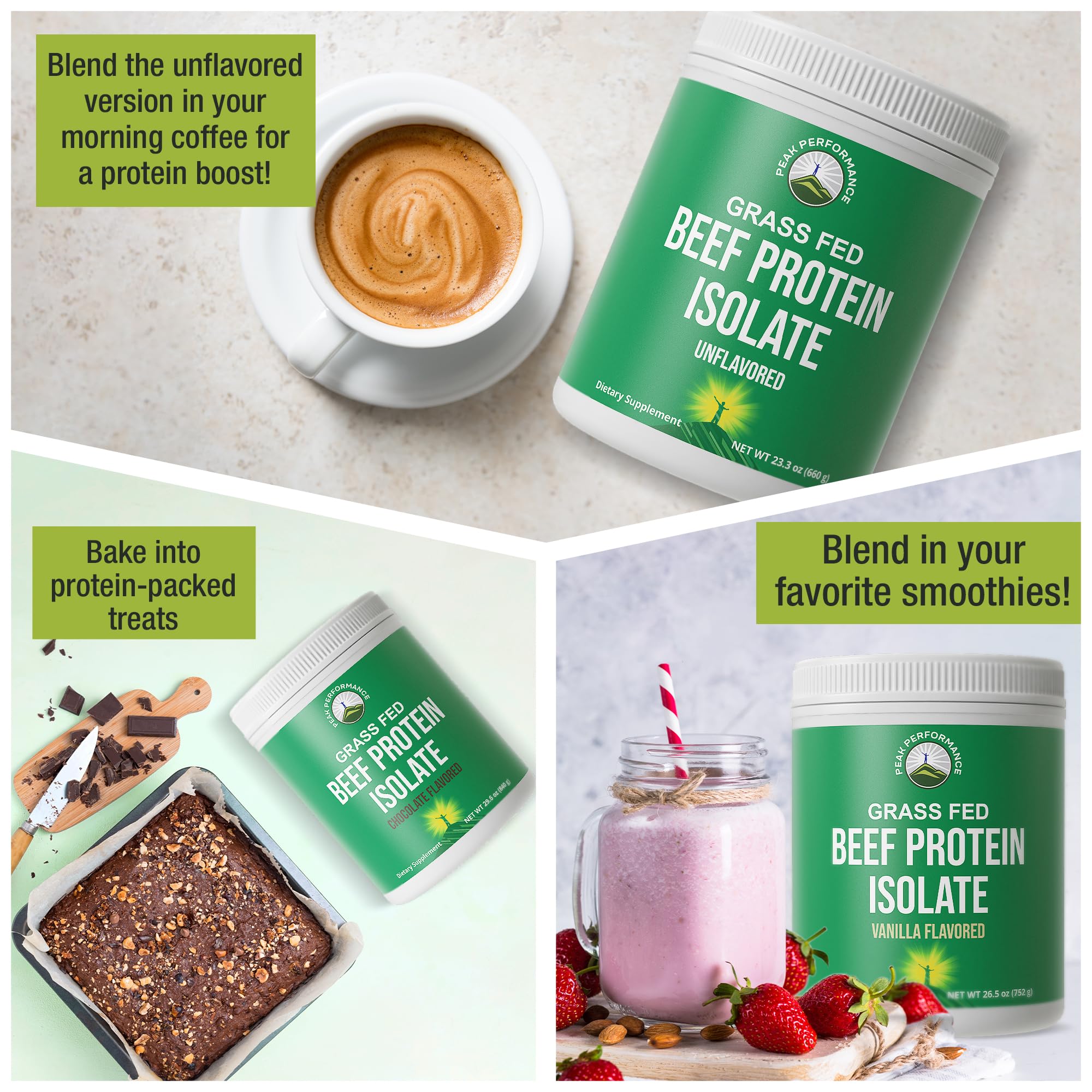 Etiqueta de Peak Performance proteina de res aislada, normas de calidad GMP visibles
