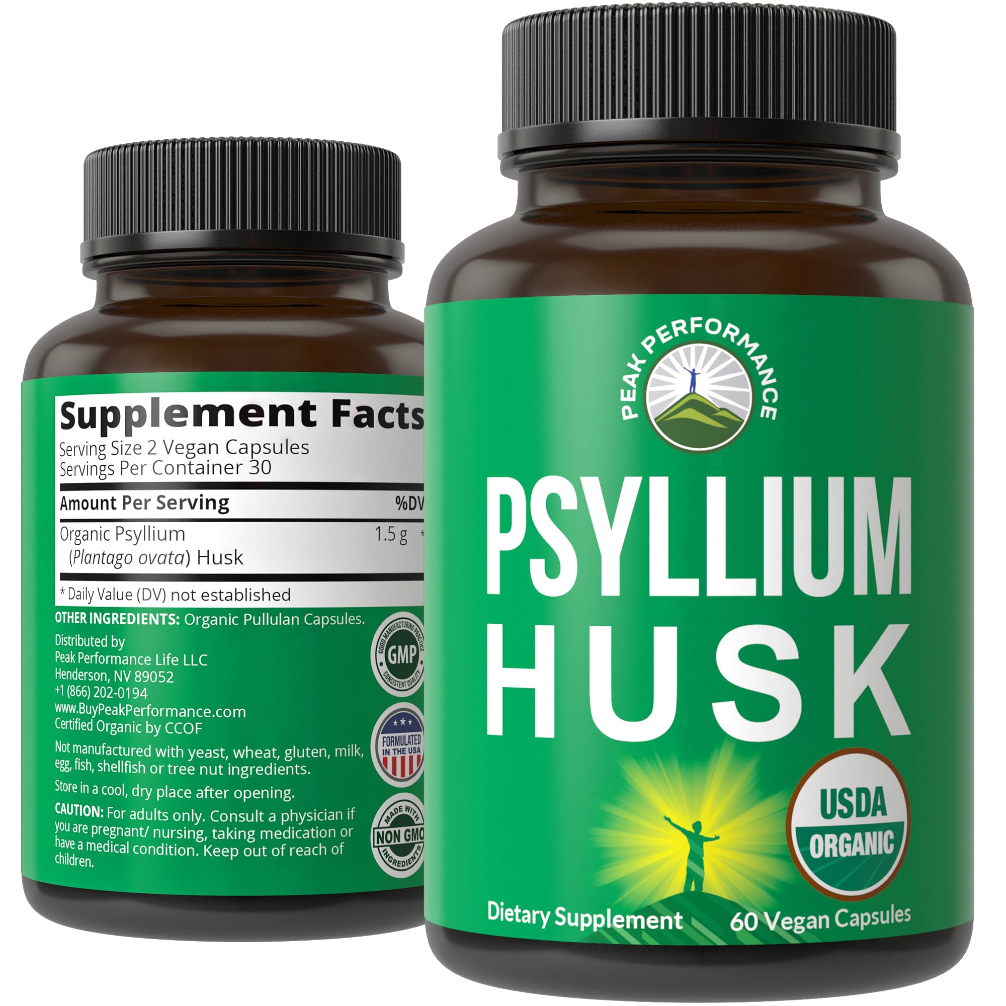 Peak Performance psyllium husk cápsulas en botella, fibra soluble para digestión equilibrada