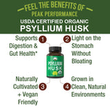 Etiqueta orgánica de Peak Performance psyllium husk destacando pureza y origen vegetal