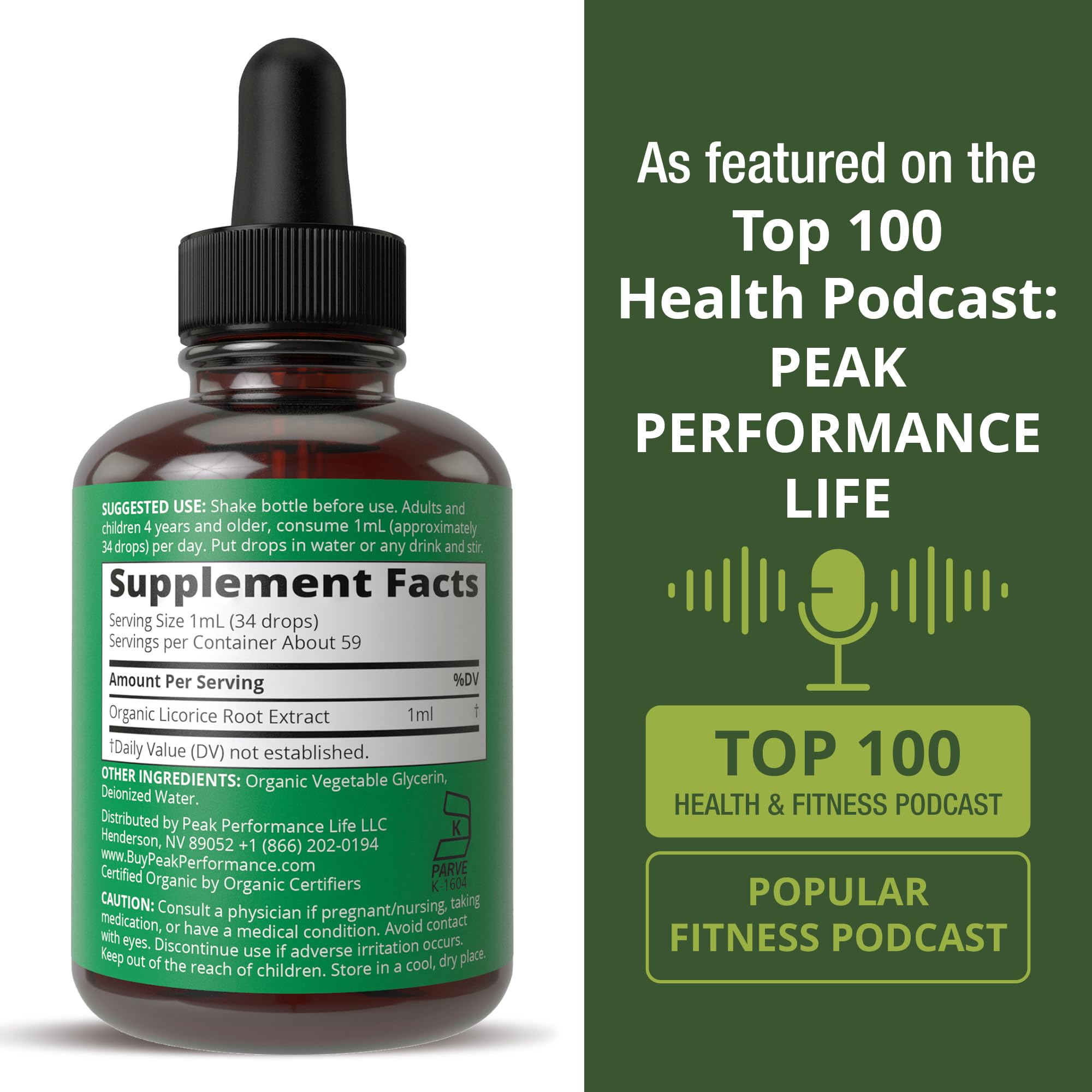 Frasco de vidrio Peak Performance regaliz, protege el extracto y sabor suave.