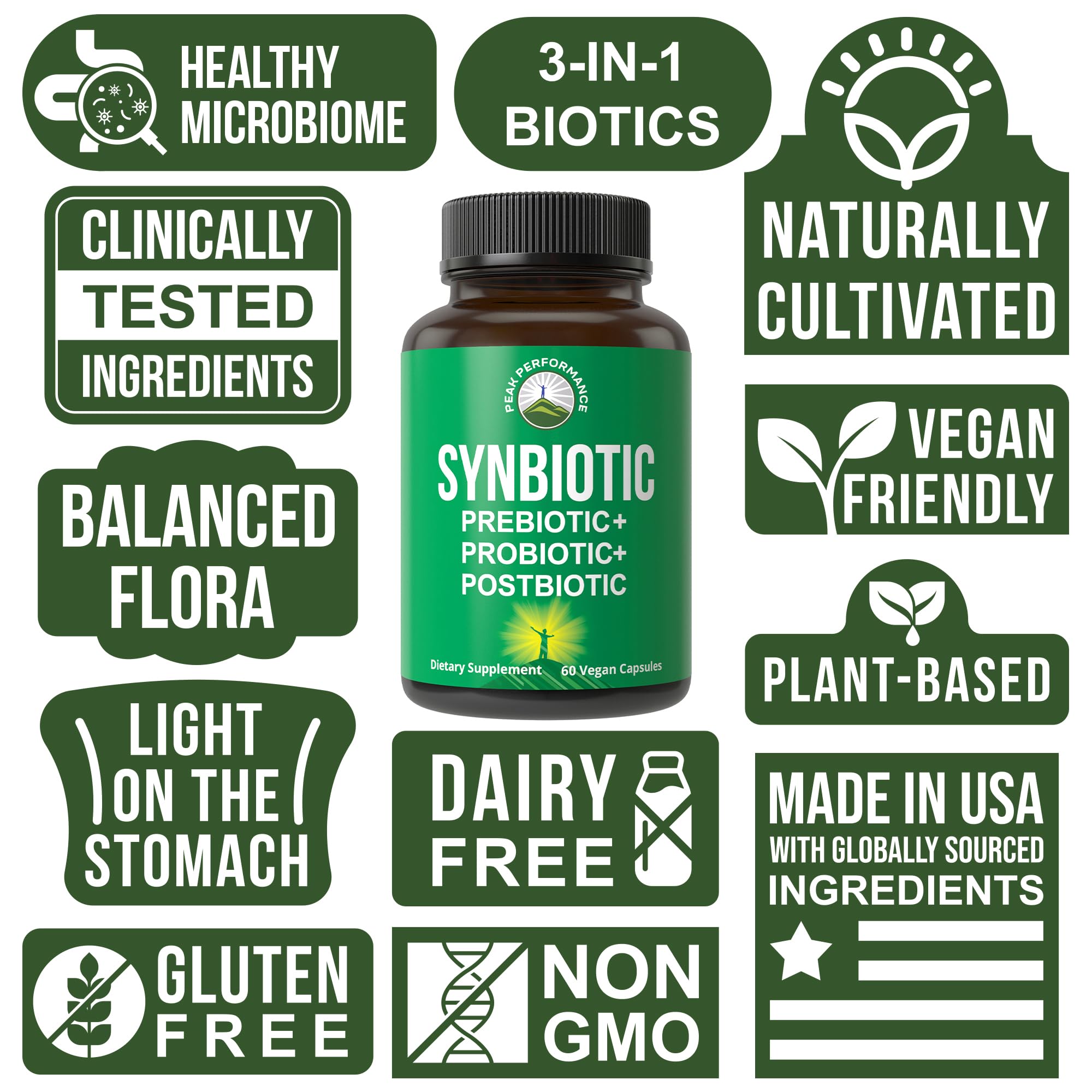 Peak Performance Synbiotic cápsulas vegetales, opción vegana para diario.