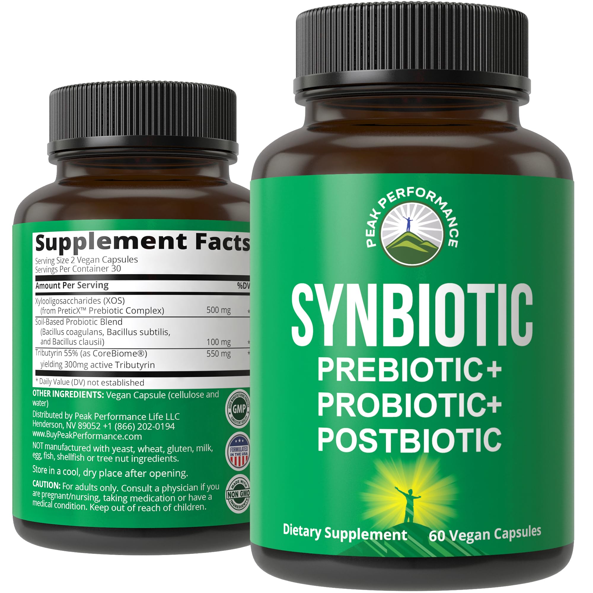 Peak Performance Synbiotic en el envase frontal, posible apoyo al equilibrio digestivo.