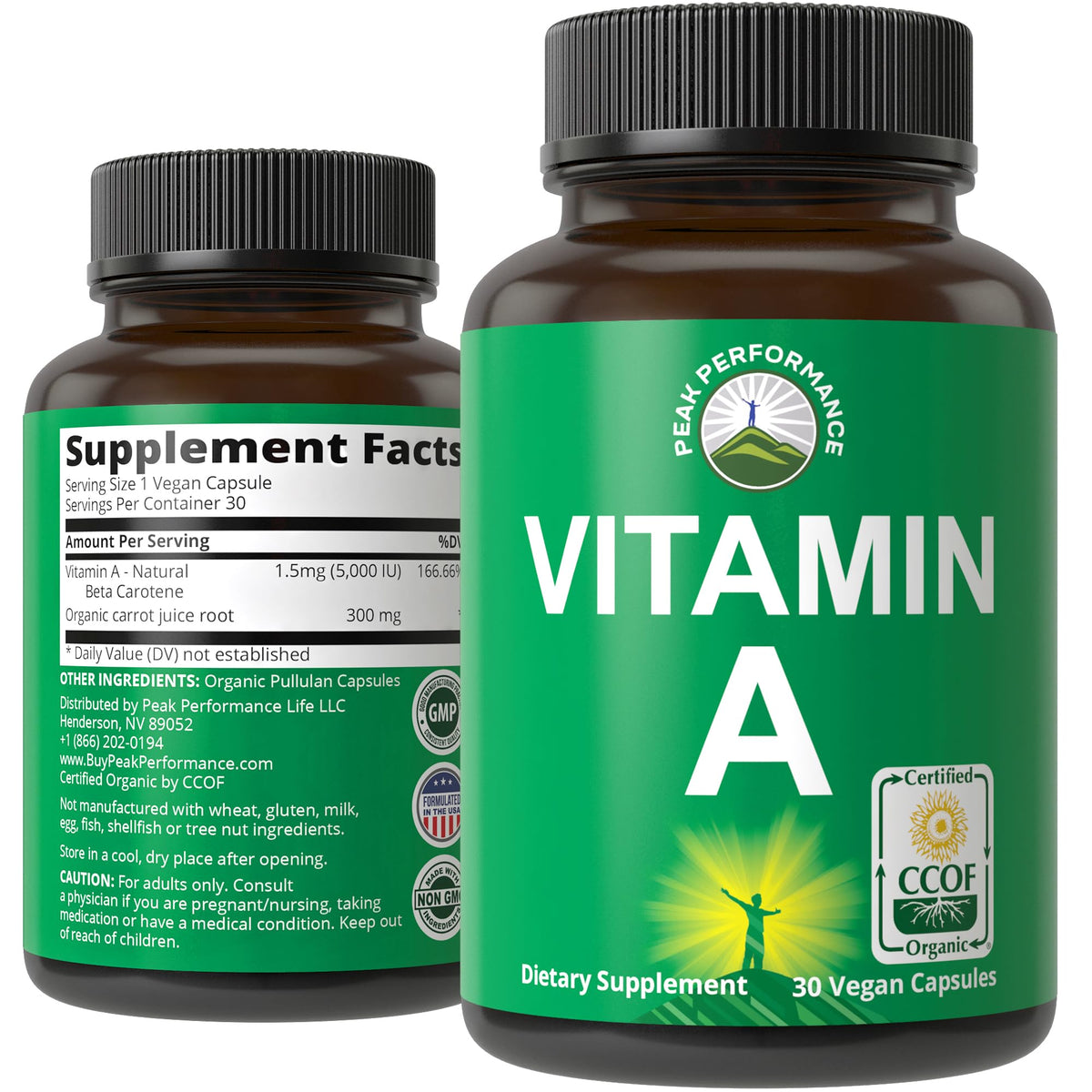 Peak Performance vitamina A orgánica certificada 5000 UI en botella, uso diario recomendado