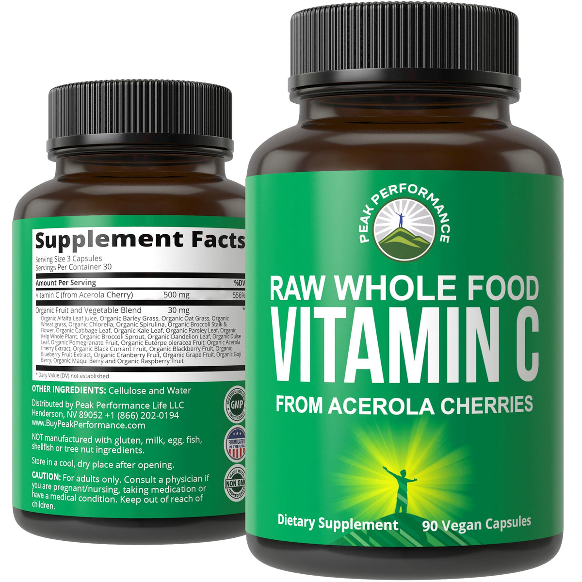 Peak Performance Vitamina C Acerola: botella con cápsulas para absorción óptima.