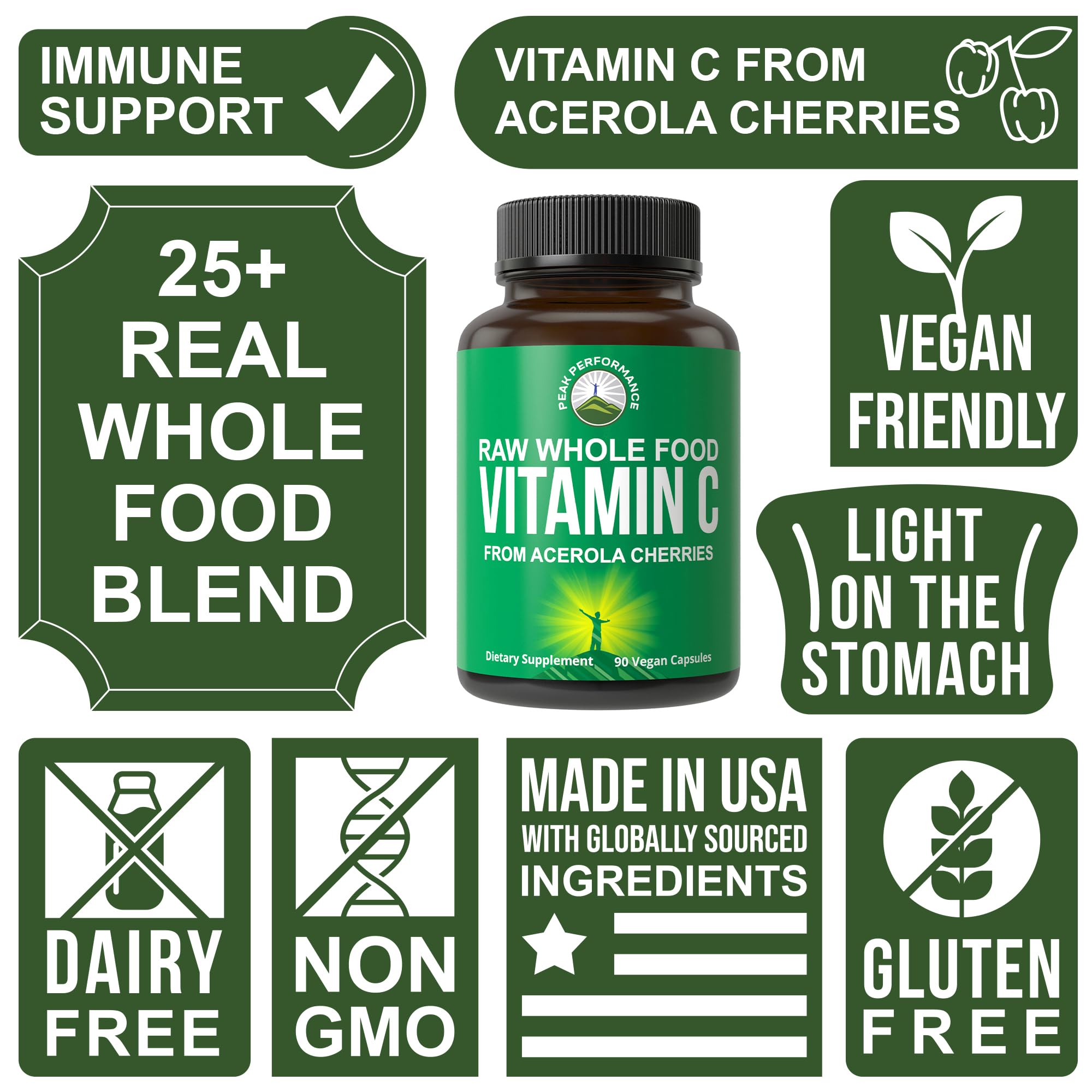 Etiqueta nutricional de Peak Performance Vitamina C con información de 500 mg por porción.