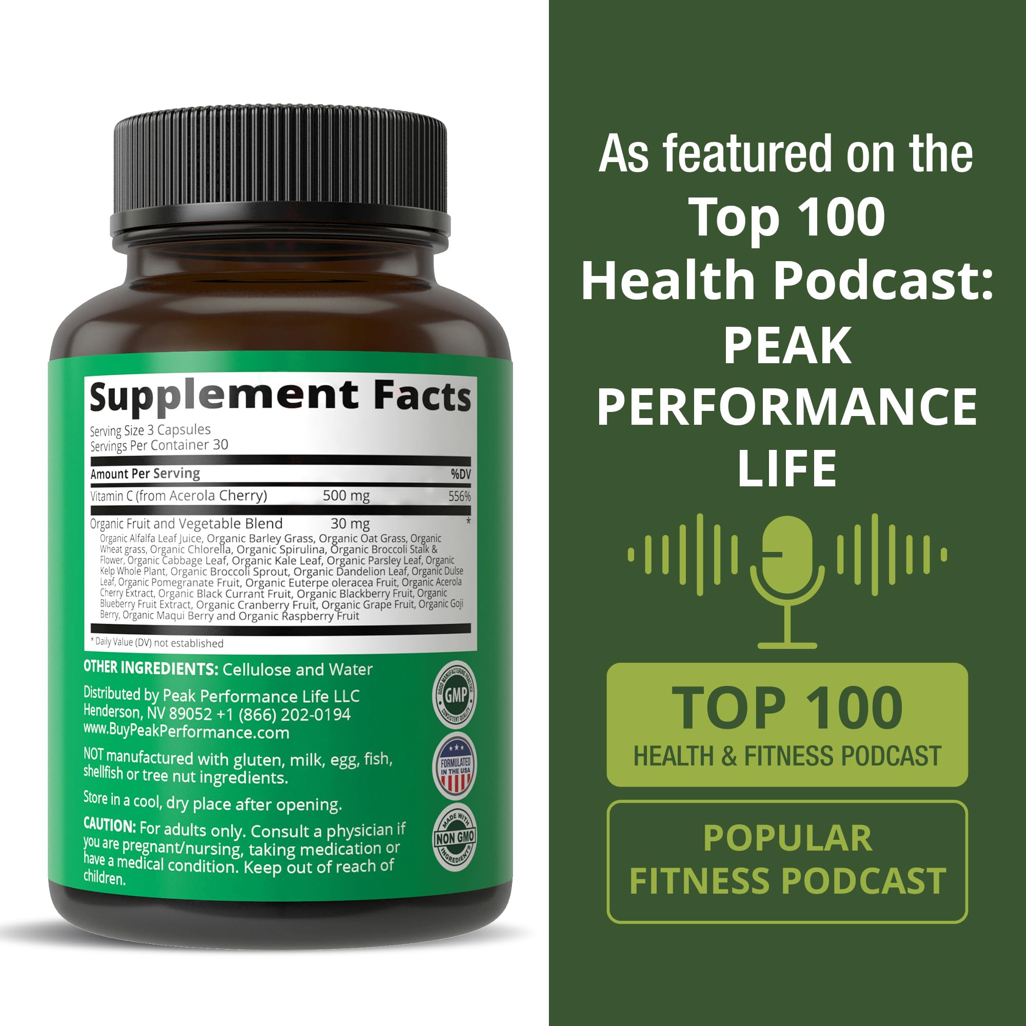 Peak Performance Vitamina C fabricado en EE. UU. bajo normas GMP.