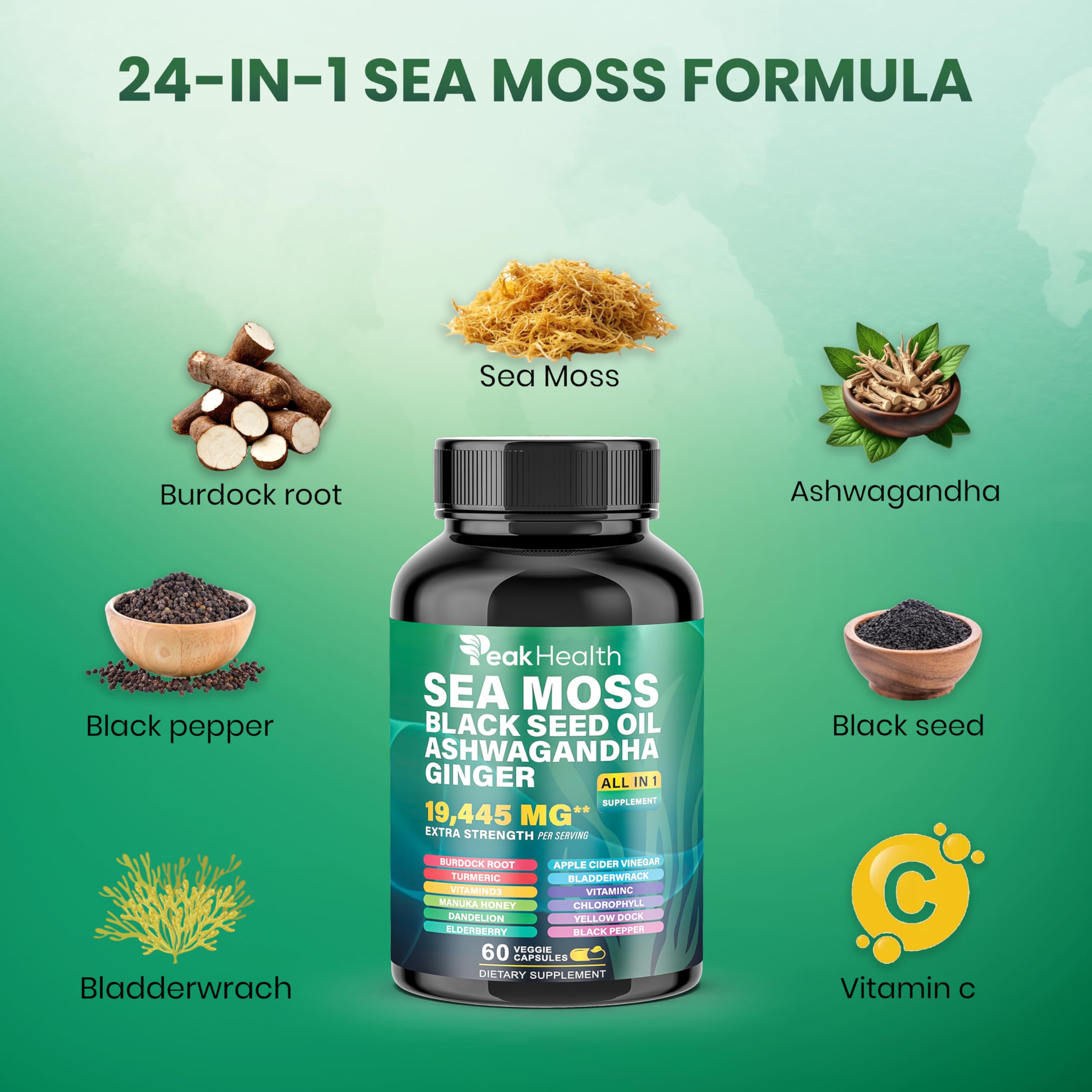 Peakhealth Curcuma, Panax ginseng y Rhodiola, cápsulas multi-energía