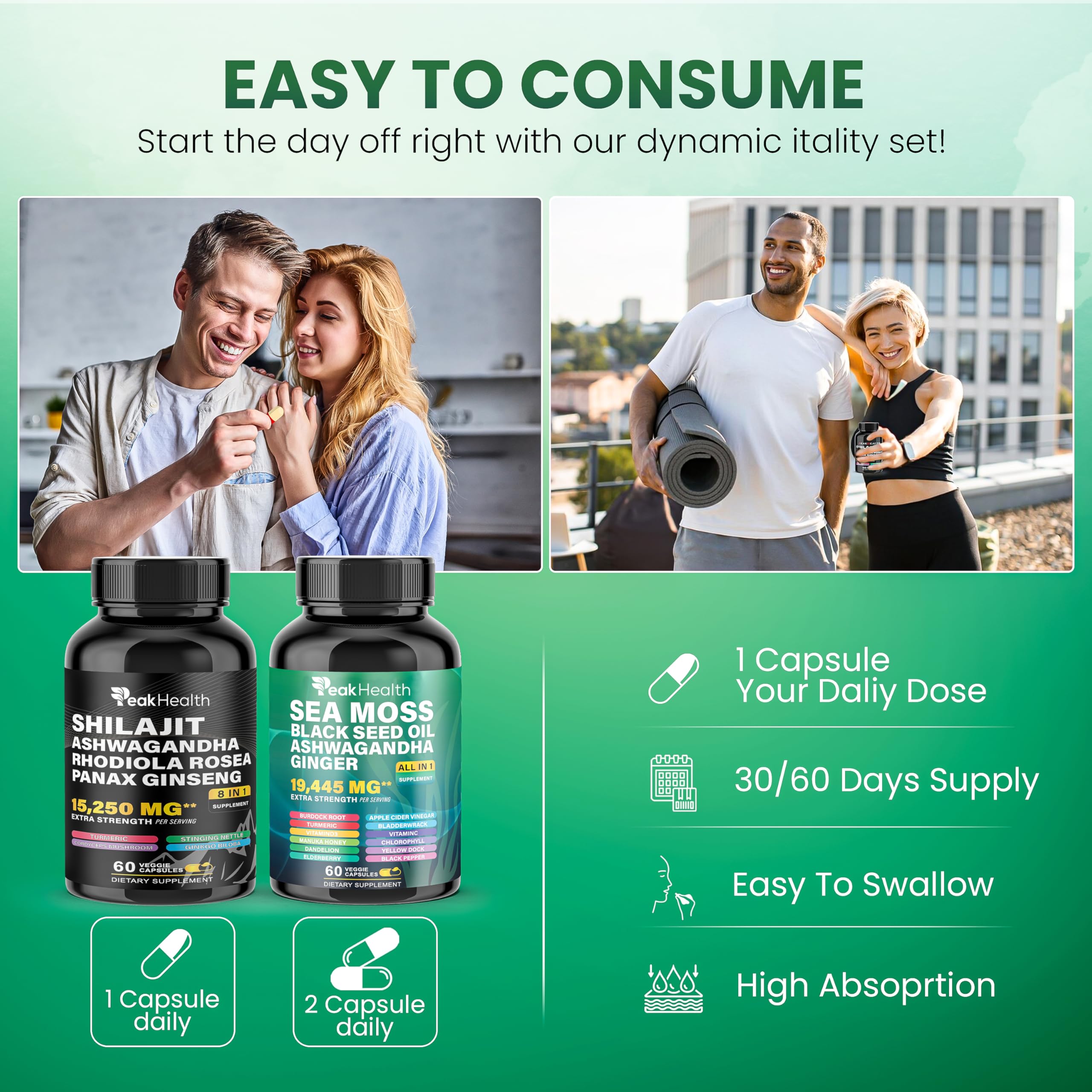 Peakhealth Envase eco-amigable, cápsulas veganas sin rellenos