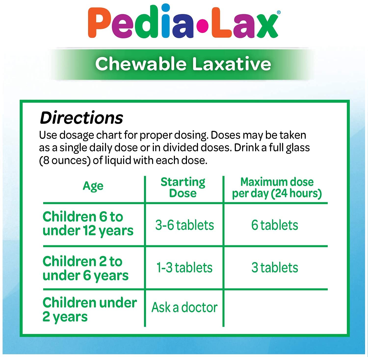 Pedia-Lax para niños, usando la tableta para alivio rápido del estreñimiento.