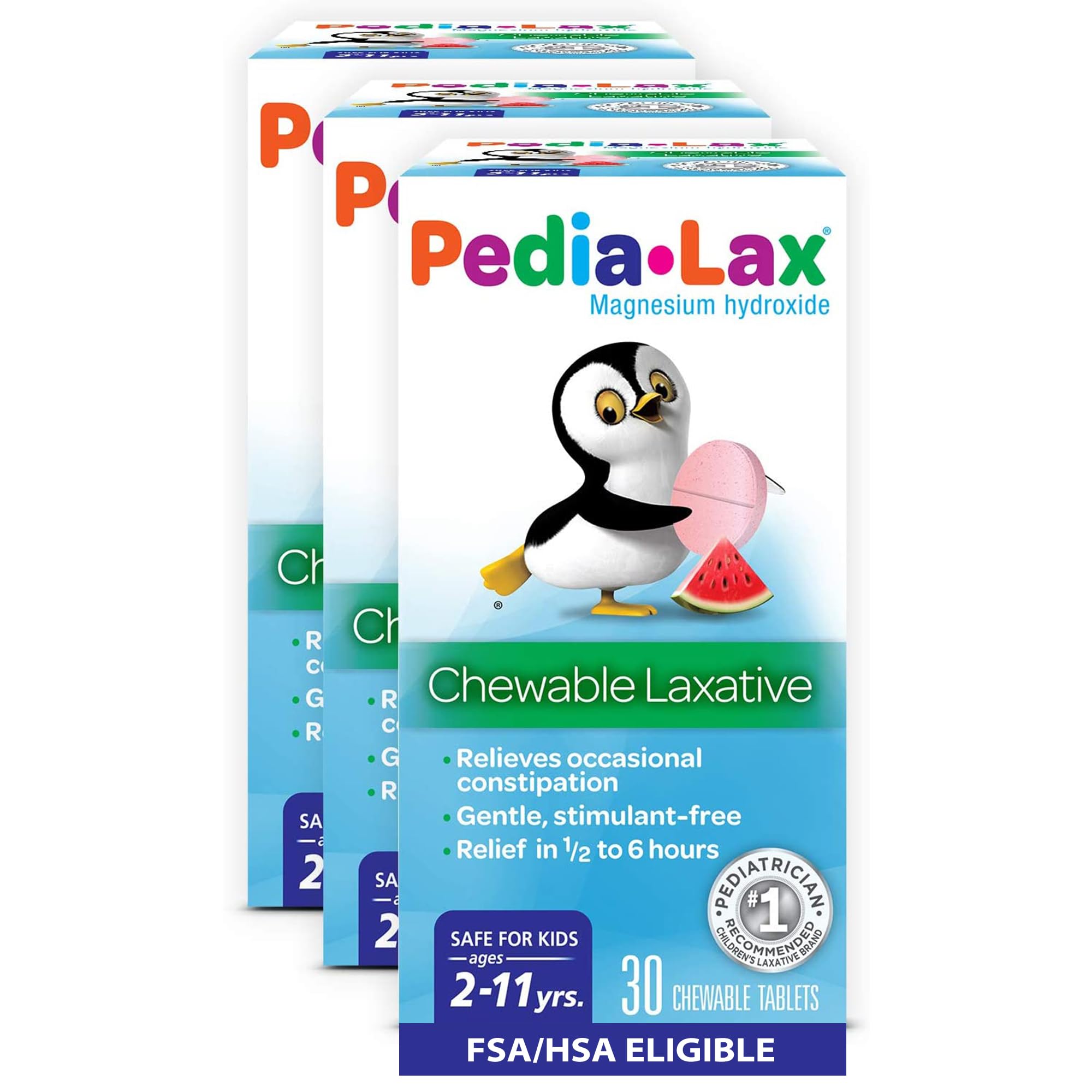 Pedia-Lax tabletas masticables sabor melón para niños, alivio suave del estreñimiento.