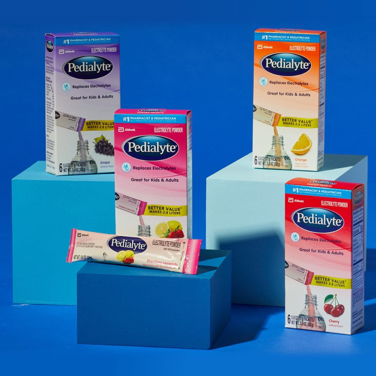 Pedialyte bebida preparada con sabores para toda la familia.