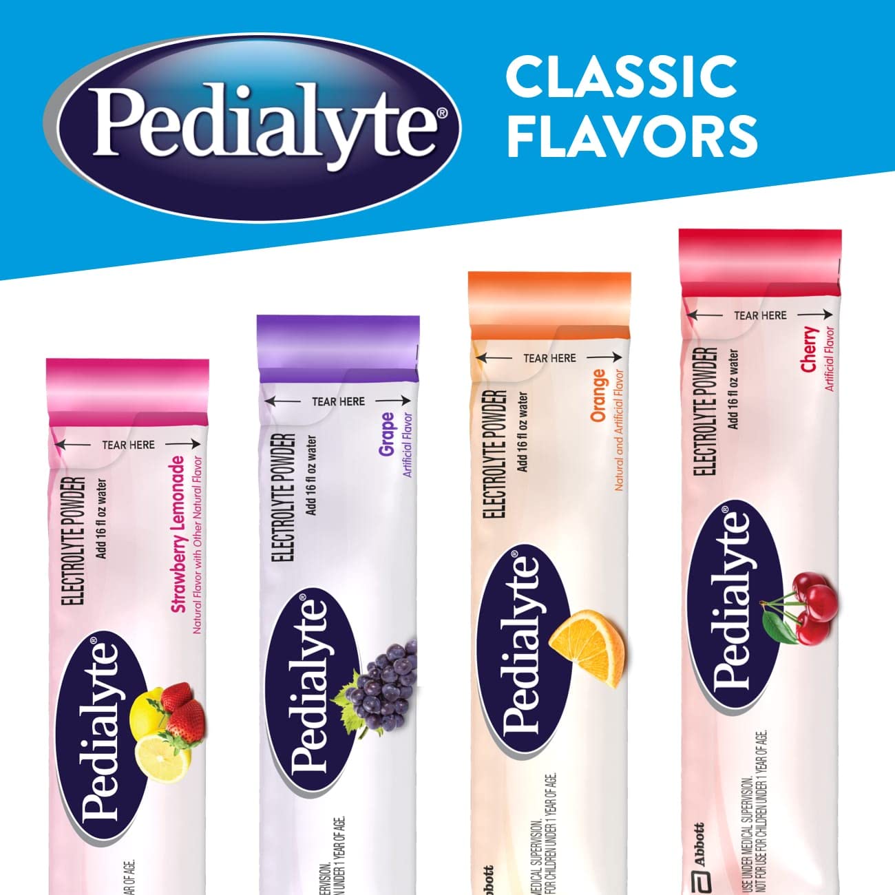 Pedialyte empaque de seis sobres para almacenamiento práctico.