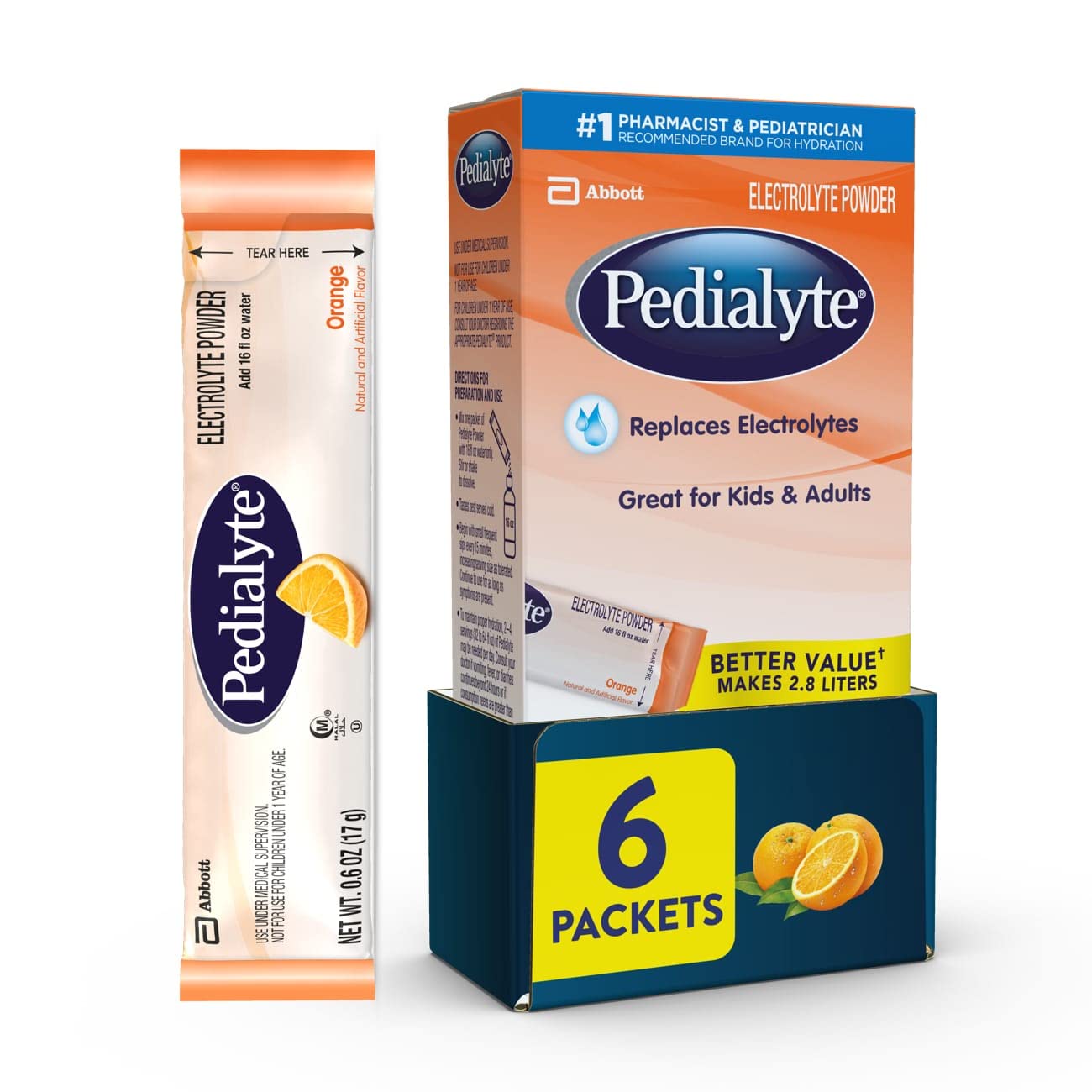 Pedialyte polvos electrolitos en envase 0.6oz para rehidratación rápida.