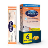 Pedialyte polvos electrolitos en envase 0.6oz para rehidratación rápida.