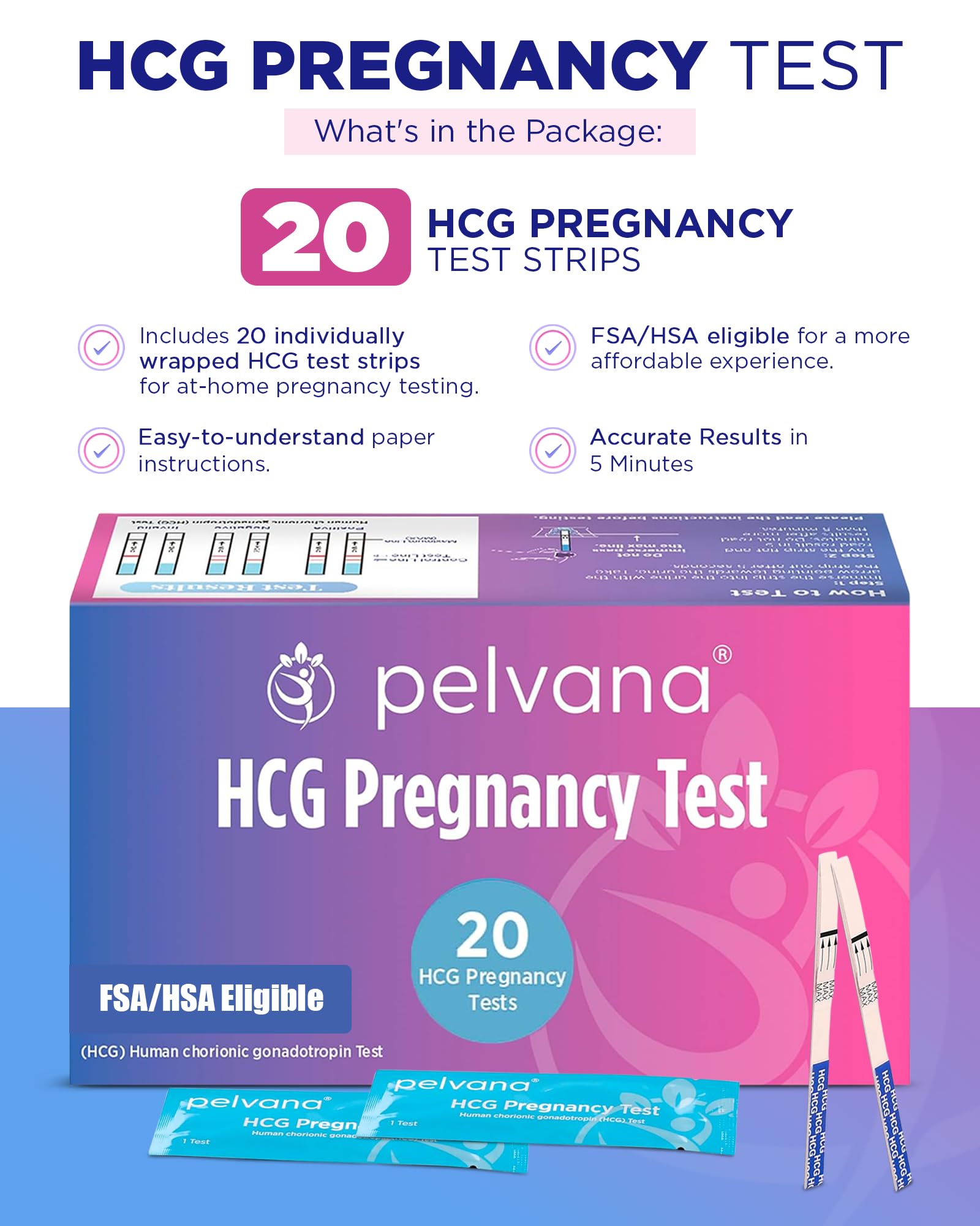 Pelvana tiras prueba HCG, empaquetadas individualmente para frescura y almacenamiento.