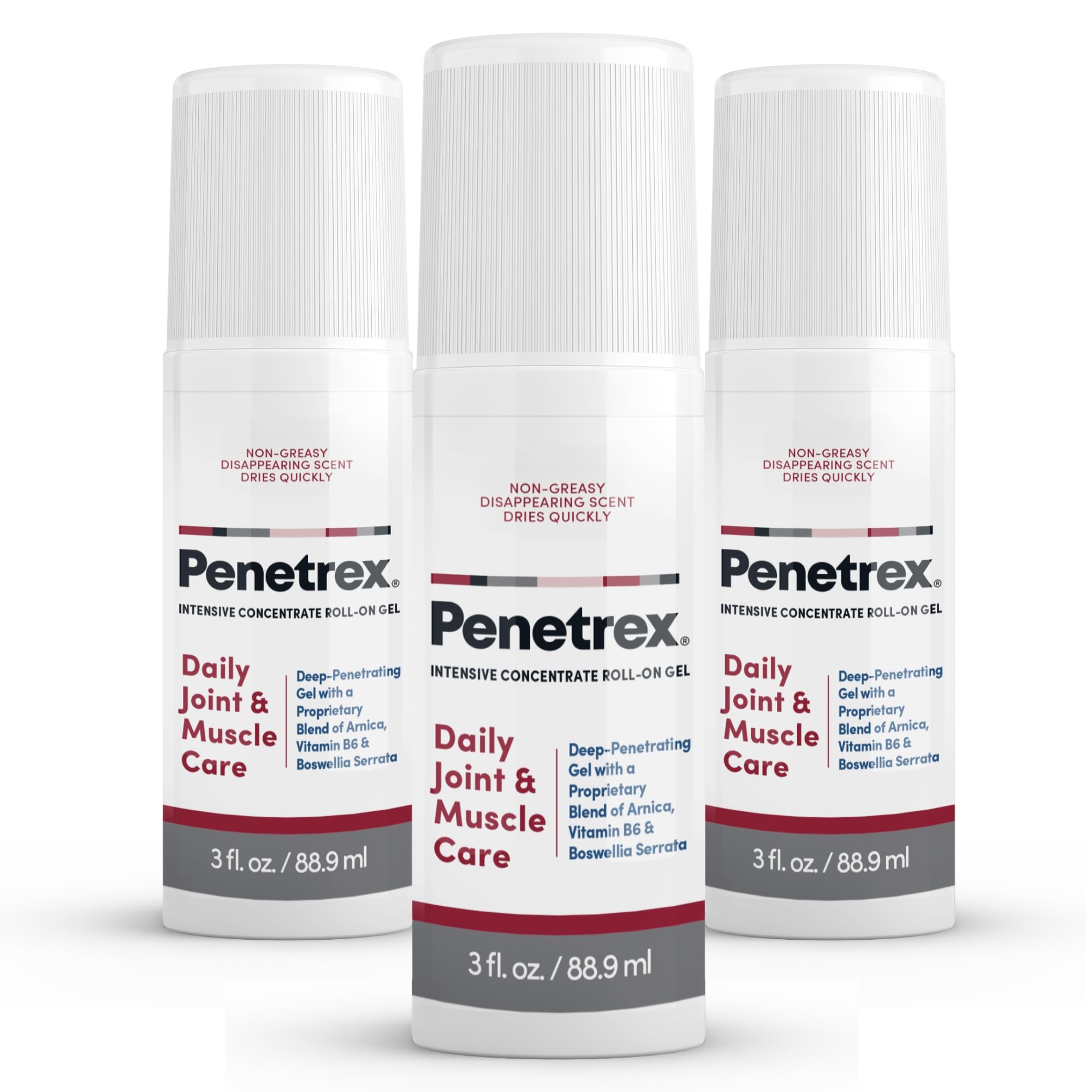 Penetrex gel de aplicación rodante, botella visible, sensación refrescante para uso diario.