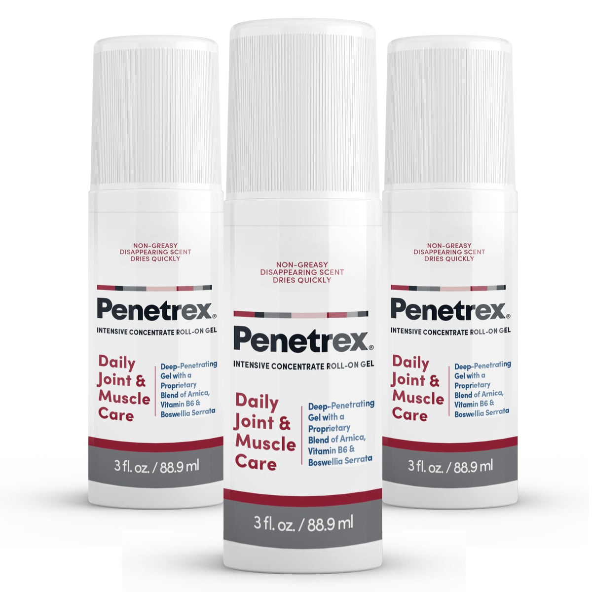 Penetrex gel de aplicación rodante, botella visible, sensación refrescante para uso diario.