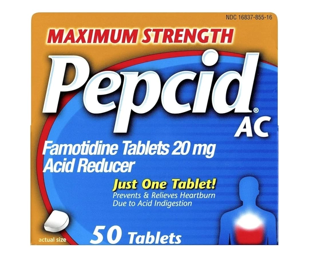Pepcid AC botella de tabletas, conveniencia diaria para alivio de la acidez.