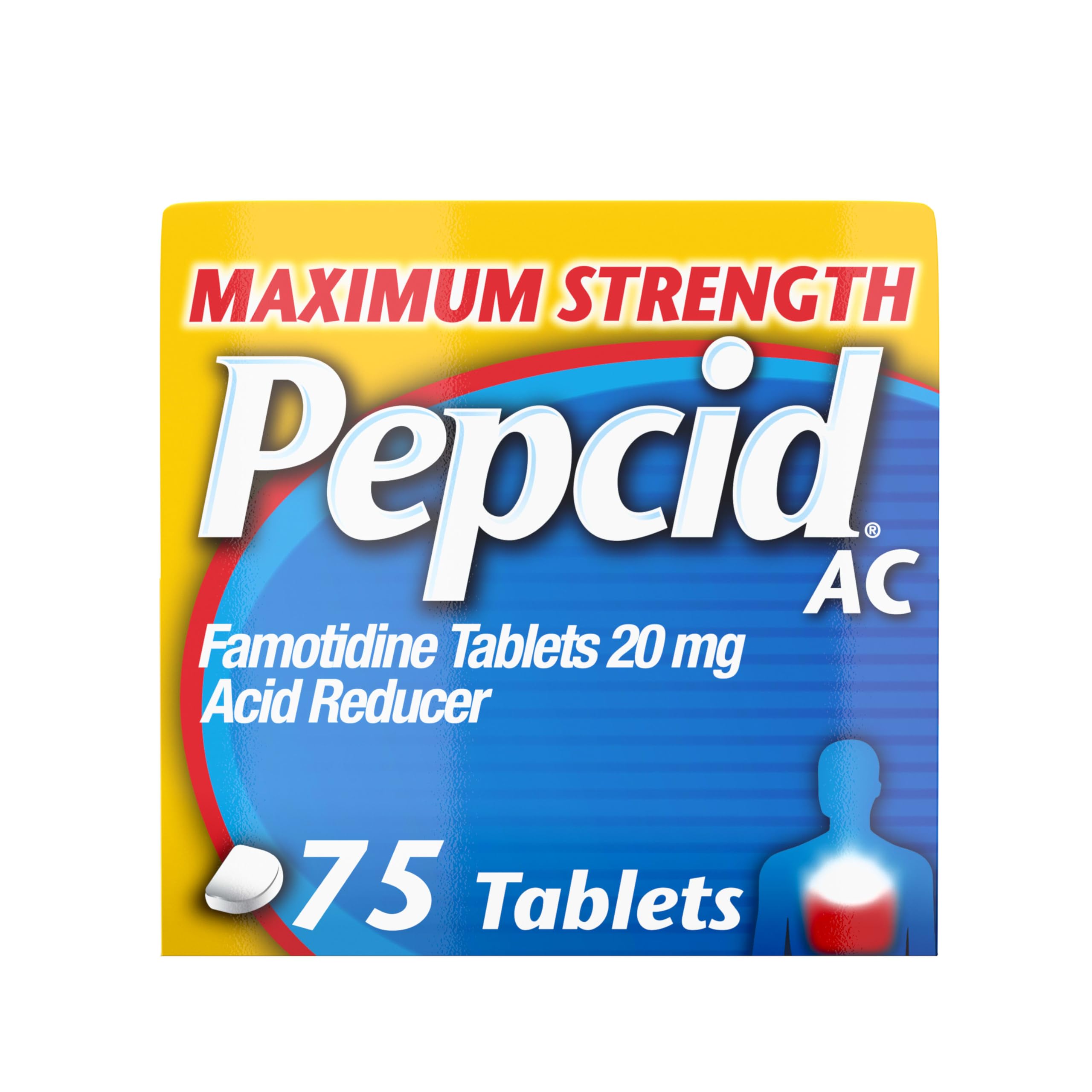 Pepcid AC empaque frontal de 75 comprimidos para uso diario.