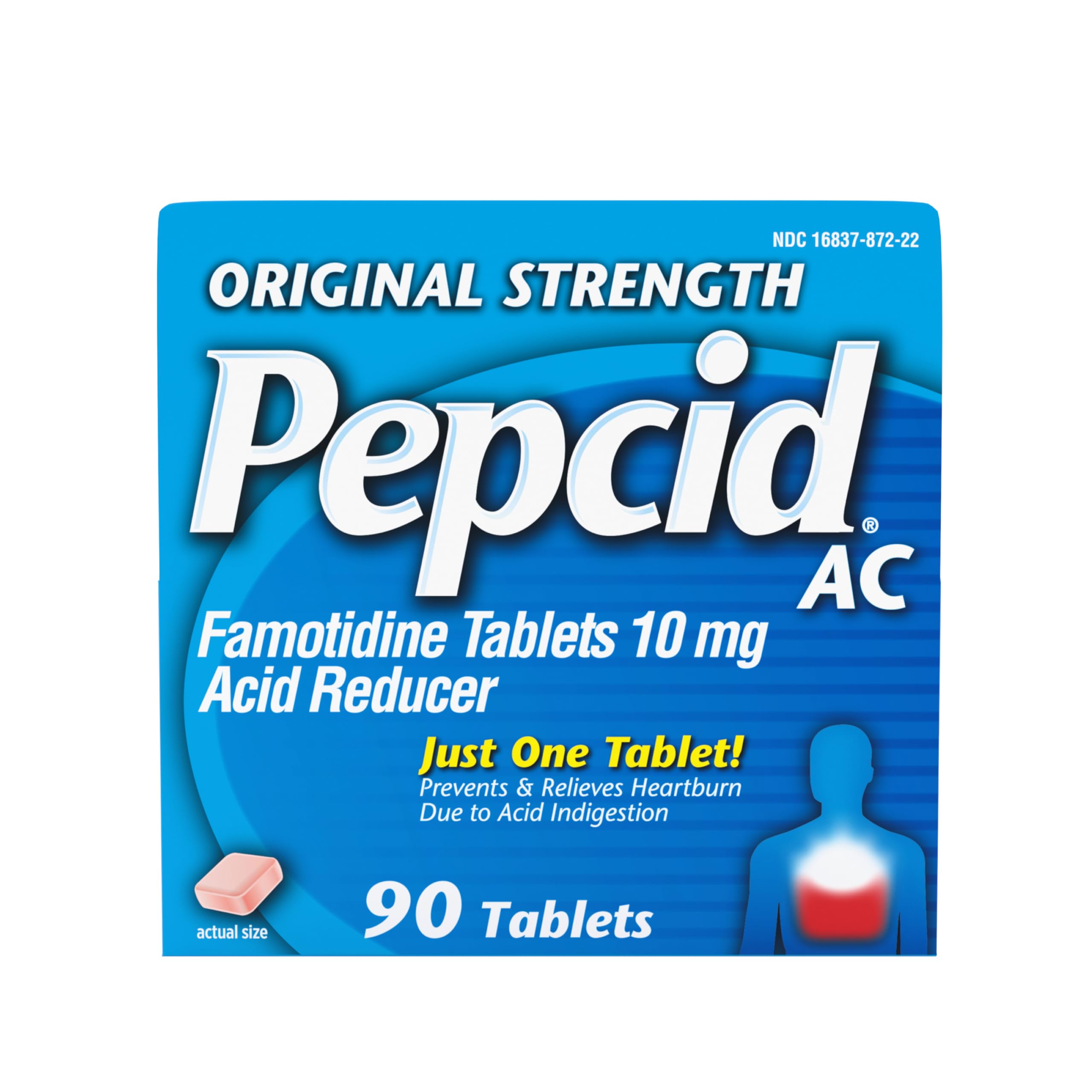 Pepcid AC Original Strength: botella de 90 tabletas para aliviar acidez estomacal.