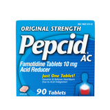 Pepcid AC Original Strength: botella de 90 tabletas para aliviar acidez estomacal.