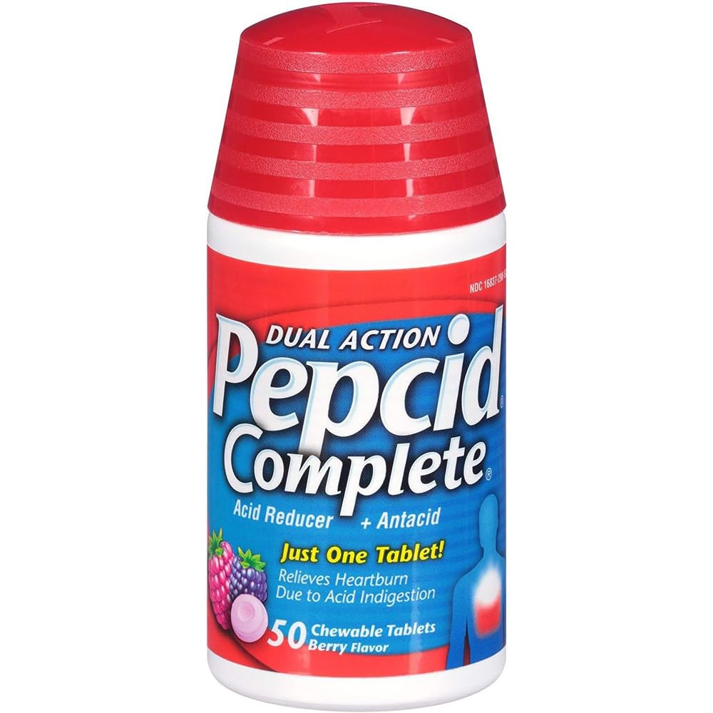 Pepcid Complete tableta masticable sabor frambuesa, posible alivio del malestar estomacal