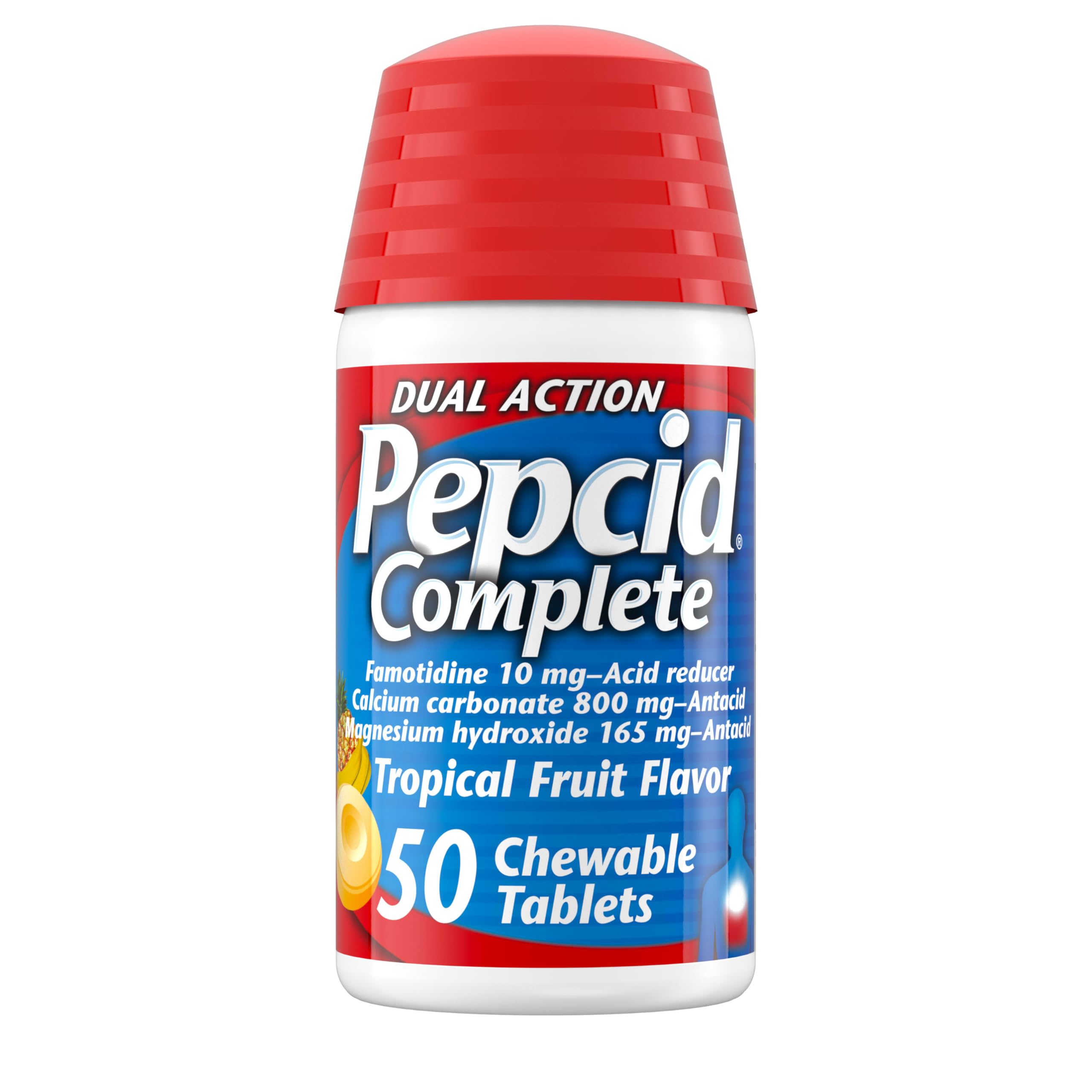 Pepcid Complete tabletas sabor fruta tropical para alivio potencial de la acidez ocasional.