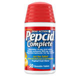 Pepcid Complete tabletas masticables sabor fruta tropical para viaje o casa.