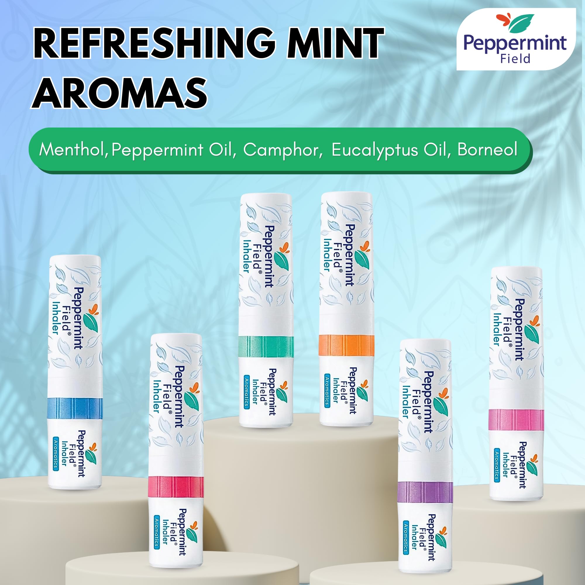 Peppermint Field inhalador nasal diseño compacto para llevar en cualquier lugar.