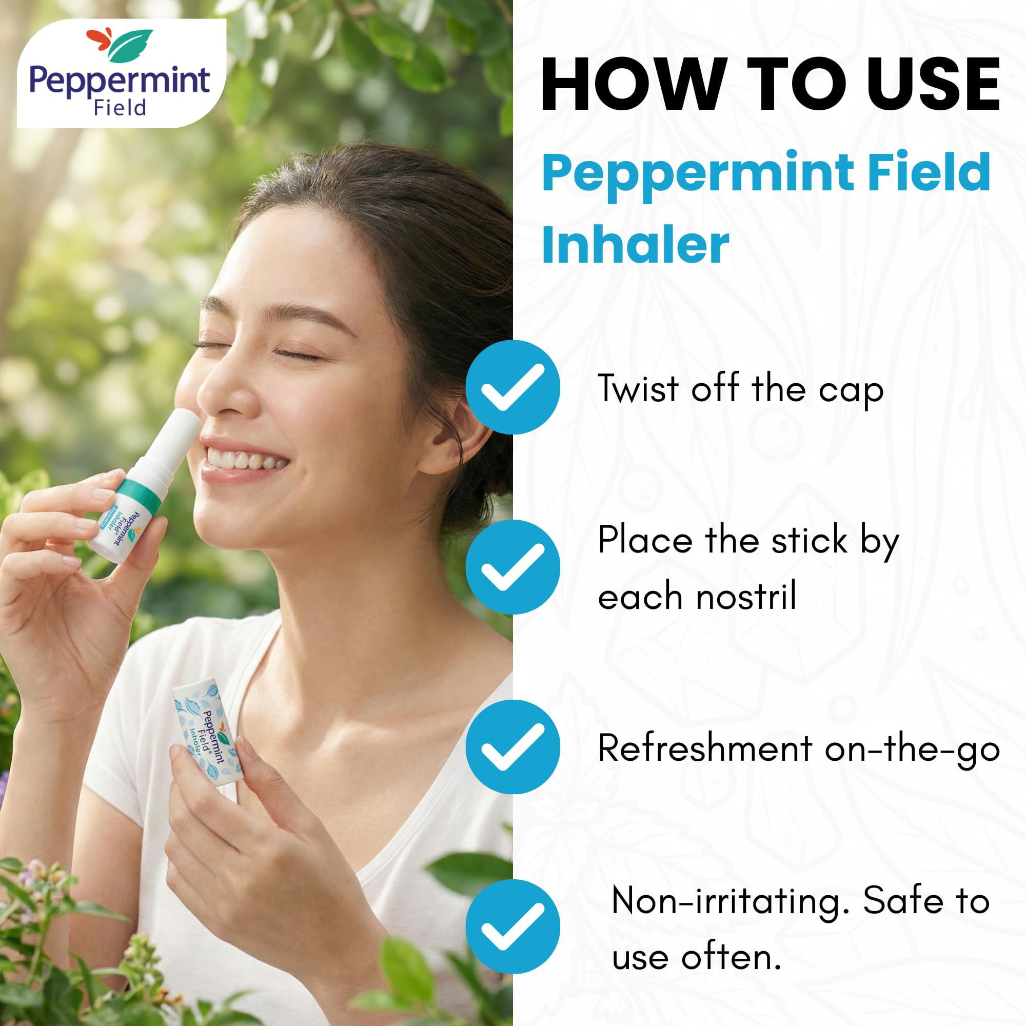 Peppermint Field inhalador nasal 2 en 1 con aceite tópico para alivio en movimiento.