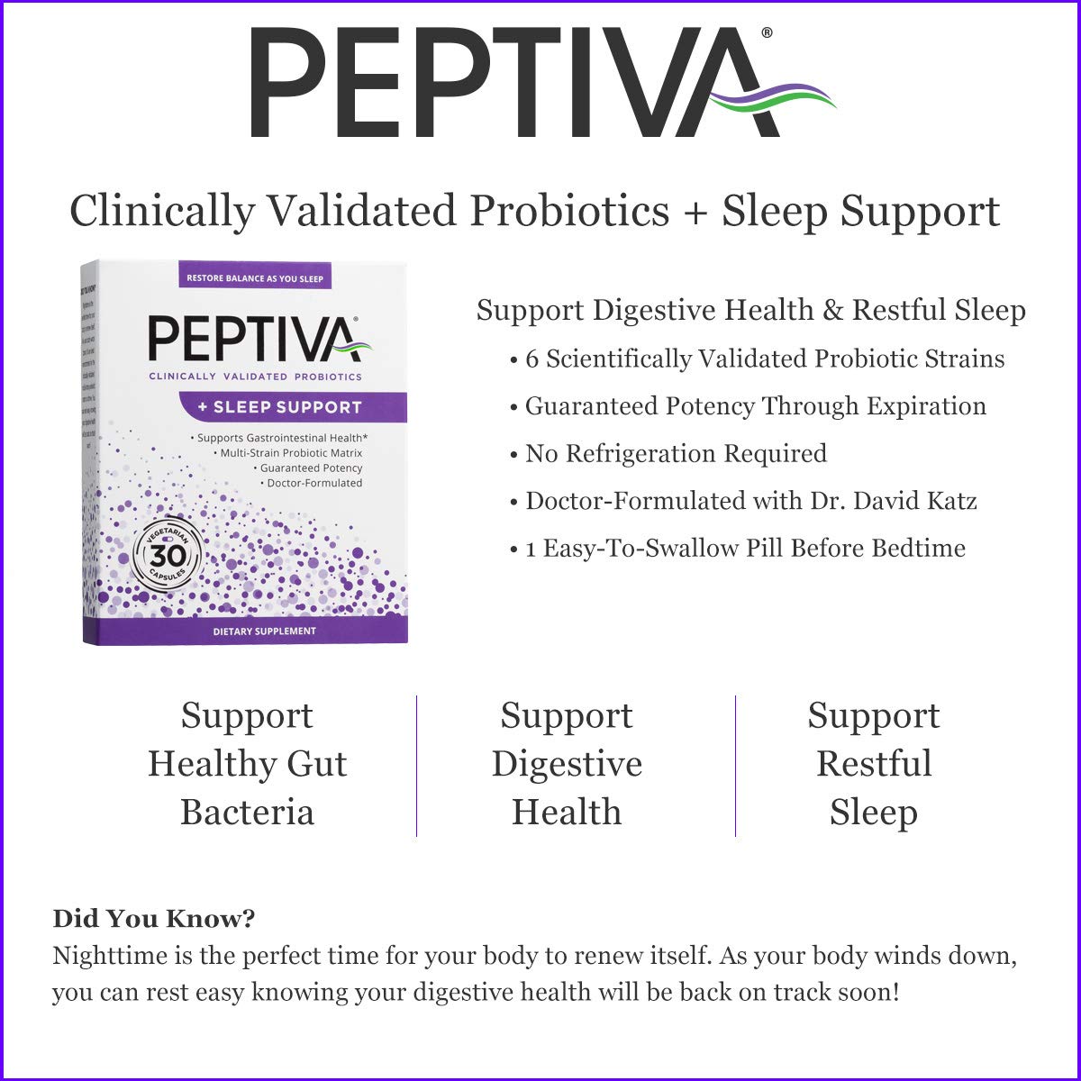 Etiqueta de Peptiva con cepas y melatonina para sueño relajante.