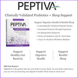Etiqueta de Peptiva con cepas y melatonina para sueño relajante.