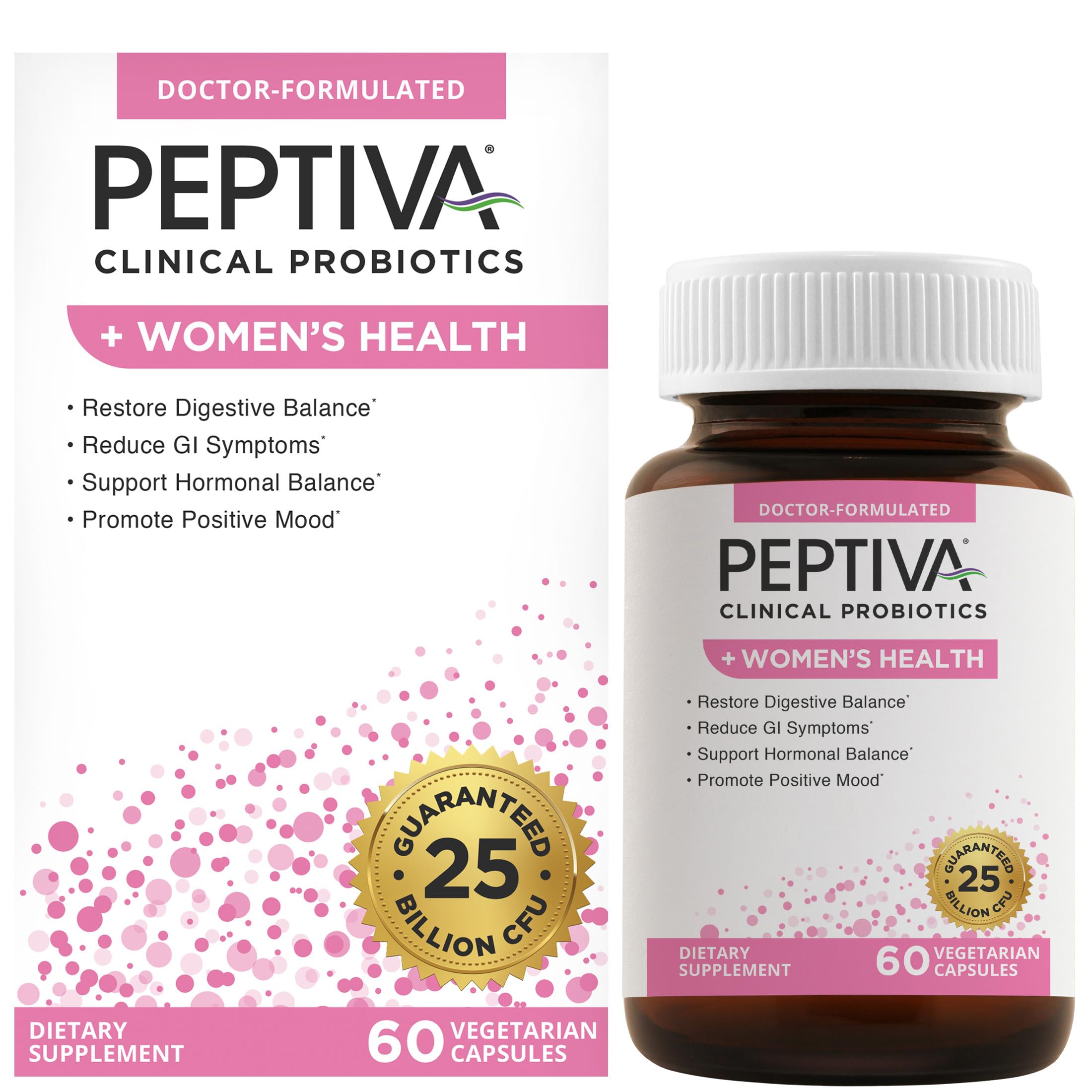 Probióticos Peptiva Probiotics en botella para salud digestiva femenina