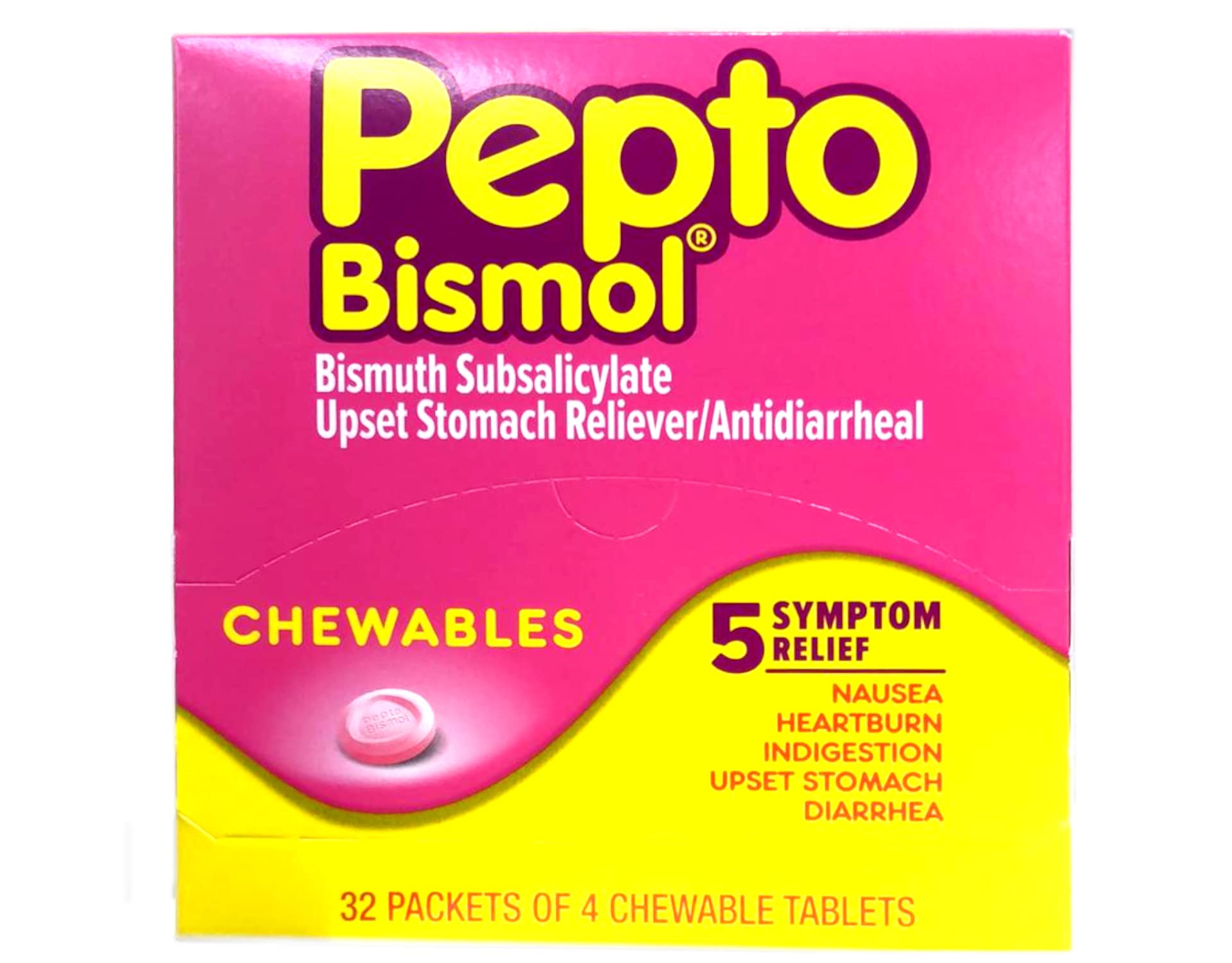 Pepto Bismol caja con 32 paquetes de pastillas masticables para uso diario