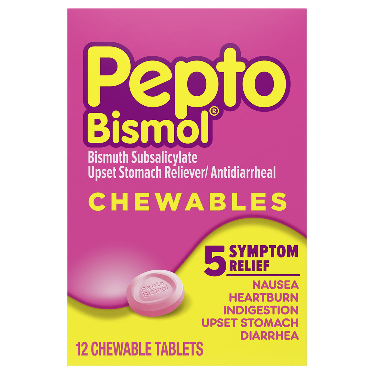 Pepto Bismol empaque de comprimidos masticables para alivio rápido.