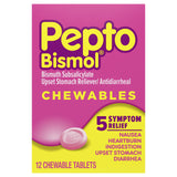 Pepto Bismol empaque de comprimidos masticables para alivio rápido.