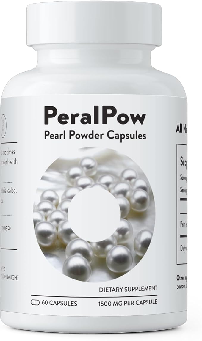 Peralpow cápsulas Polvo de Perla 1500mg en botella, promueven cuidado diario de la piel.