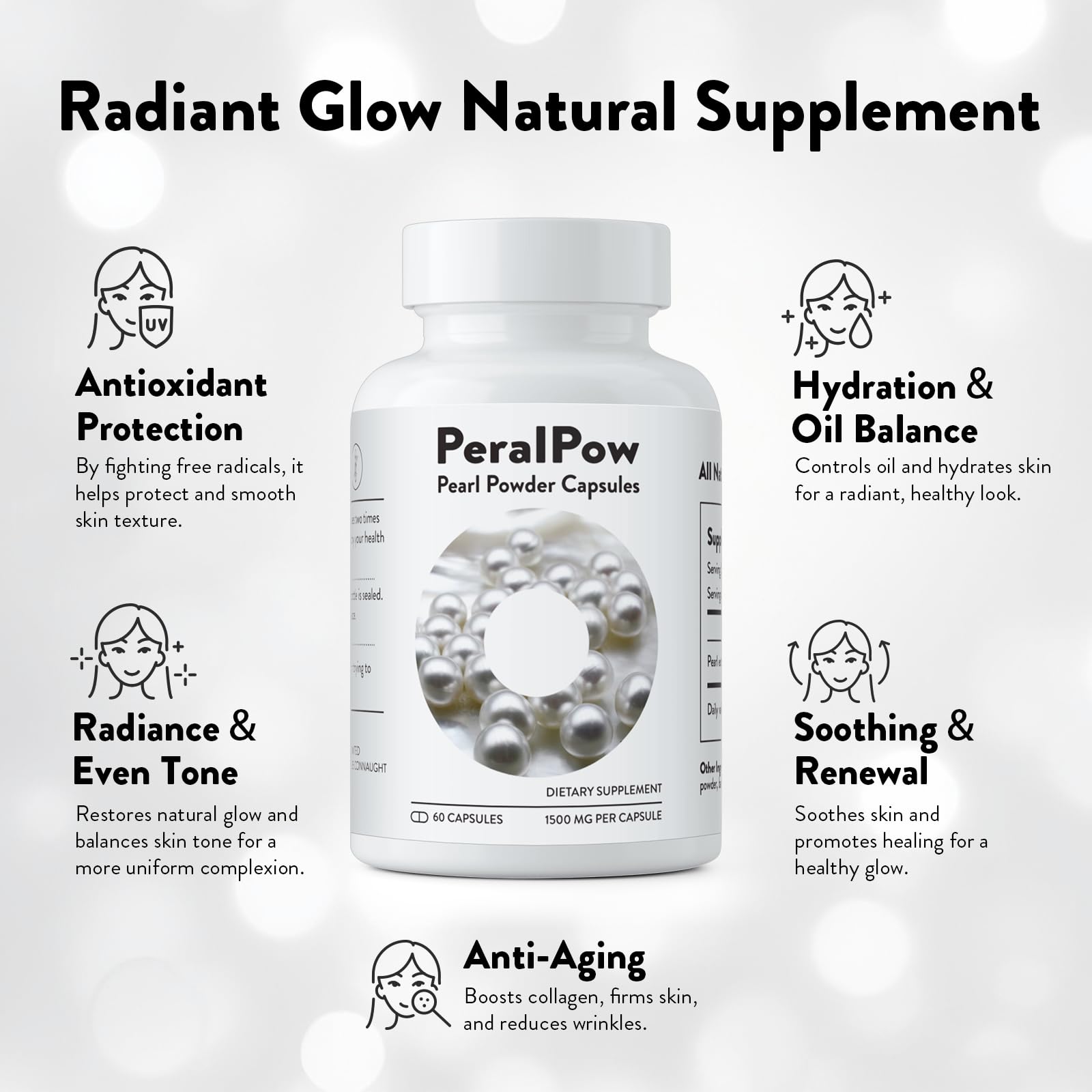 Peralpow polvo de perla orgánico en superficie, antioxidantes para la piel.