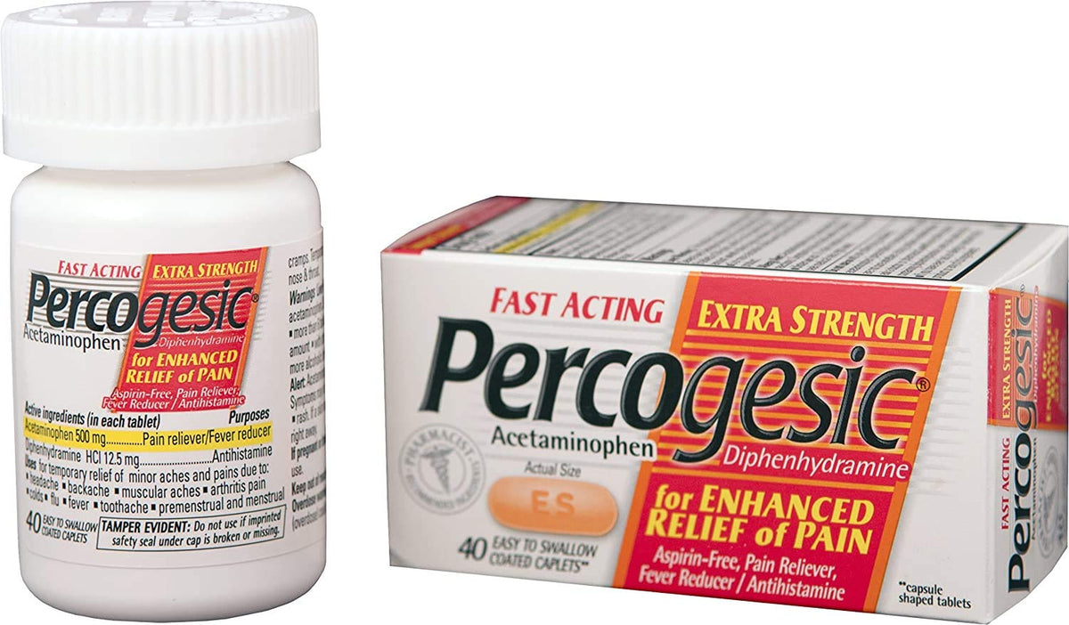 Percogesic Extra Strength cápsulas recubiertas para alivio de dolores.