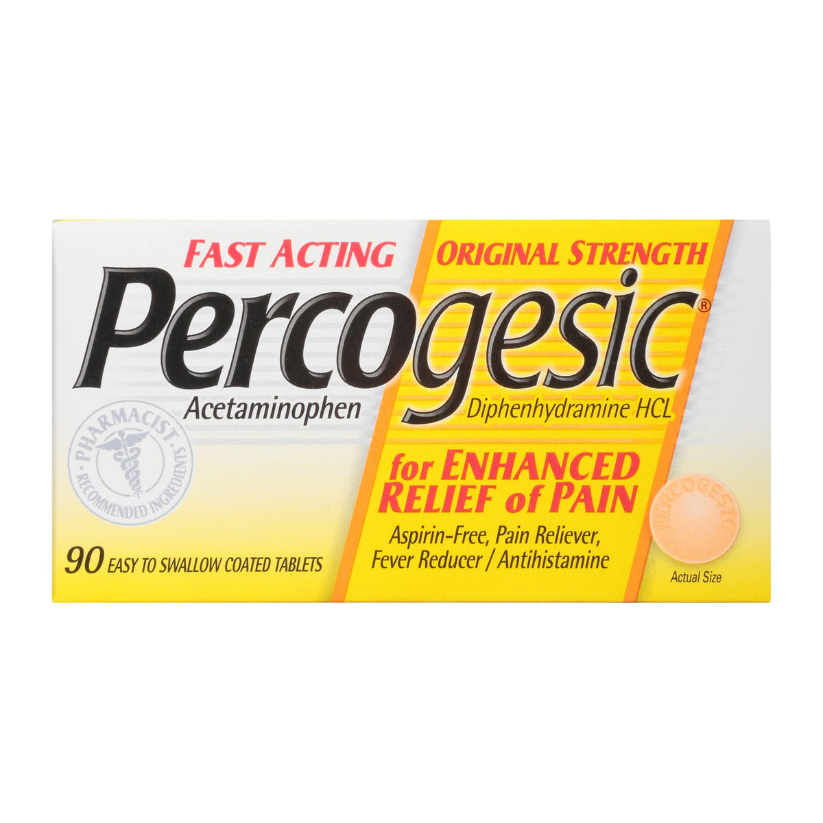 Percogesic Original, botella vista frontal, posible alivio rápido de dolores comunes sin aspirina.