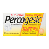 Percogesic Original, botella vista frontal, posible alivio rápido de dolores comunes sin aspirina.