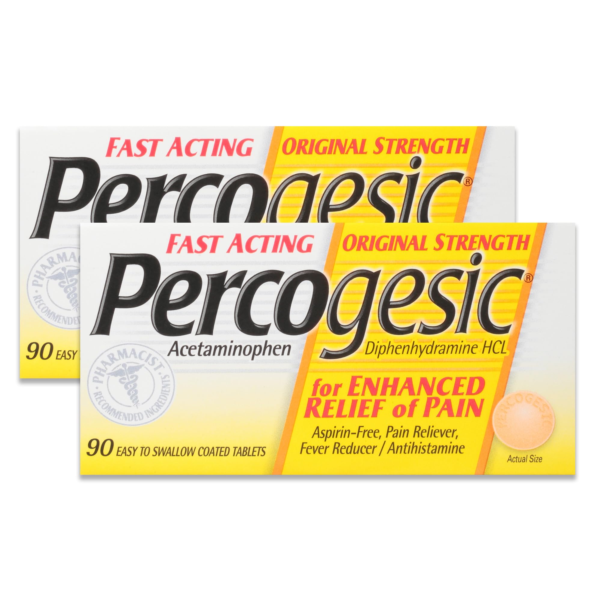 Percogesic Original: tabletas recubiertas en empaque de dos packs, alivio práctico para el día a día.
