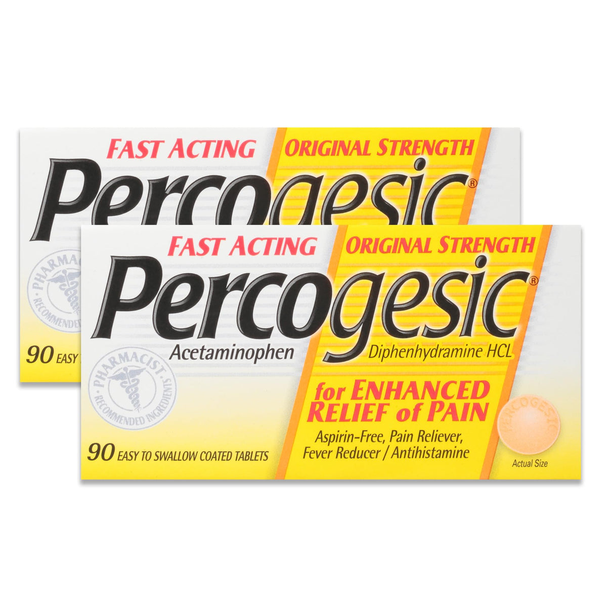 Percogesic Original: tabletas recubiertas en empaque de dos packs, alivio práctico para el día a día.