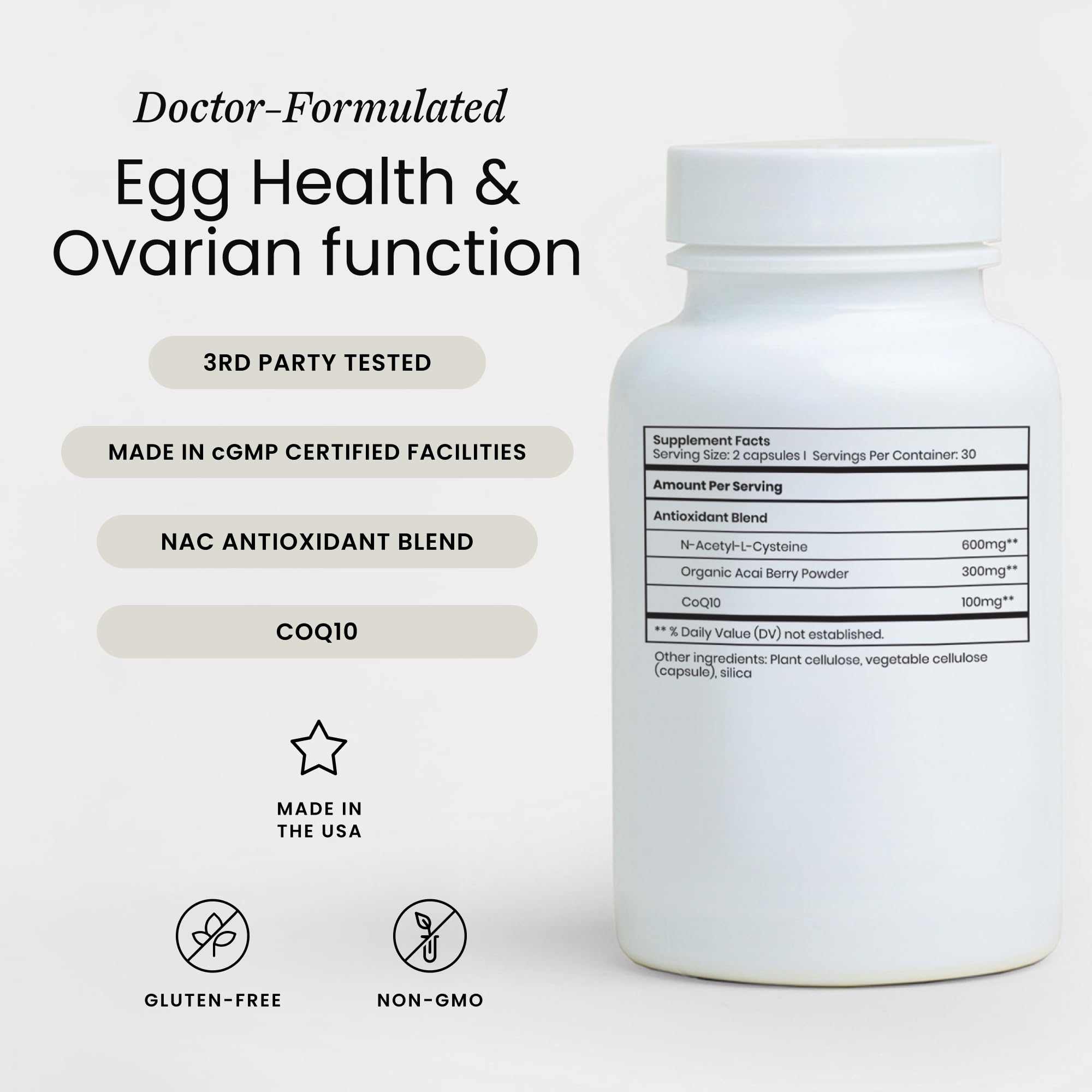 Perelel Fertility Support: cápsulas NAC y COQ10, opción antioxidante para la rutina diaria.