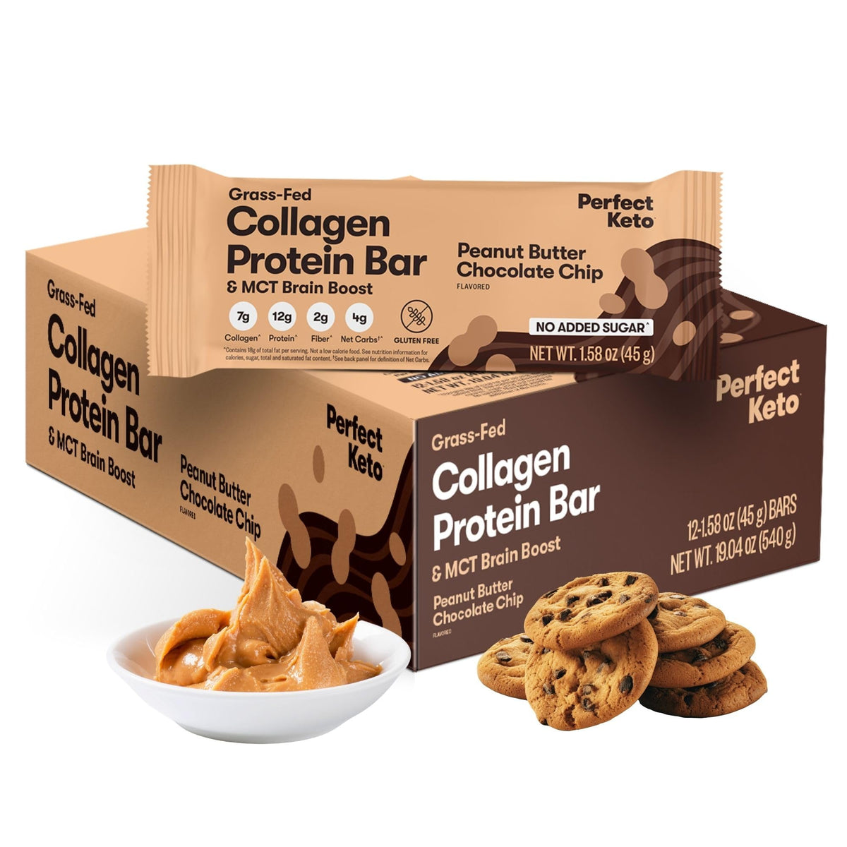 Perfect Keto Bar mantequilla de cacahuete con chispas de chocolate; snack potente para keto.